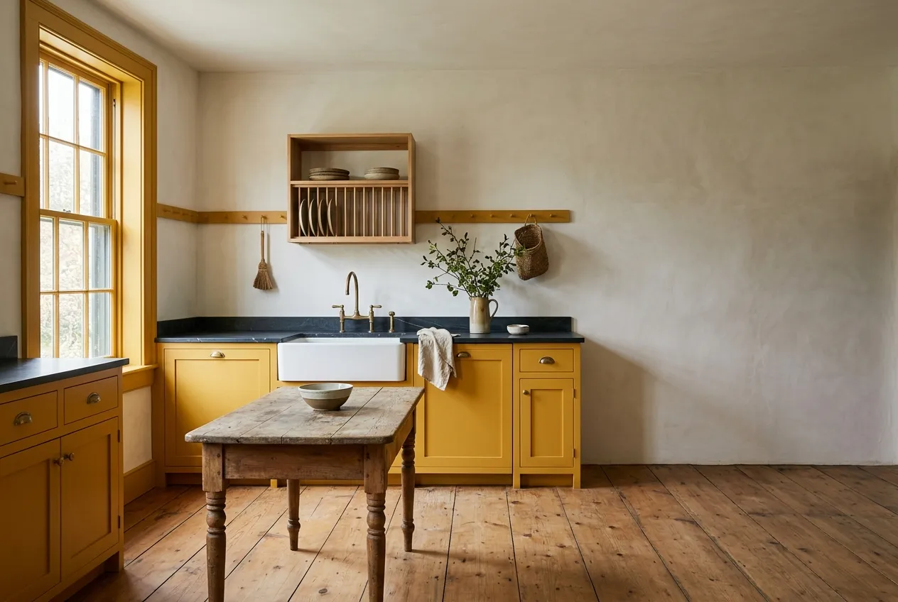 Kitchen sink wall with cabinets painted Farrow & Ball Babouche, rendered in PaintDB Studio
