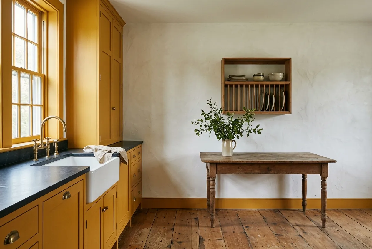 Shaker farmhouse kitchen with cabinetry and window trim painted Farrow & Ball Babouche, lime plaster walls and wide pine floorboards