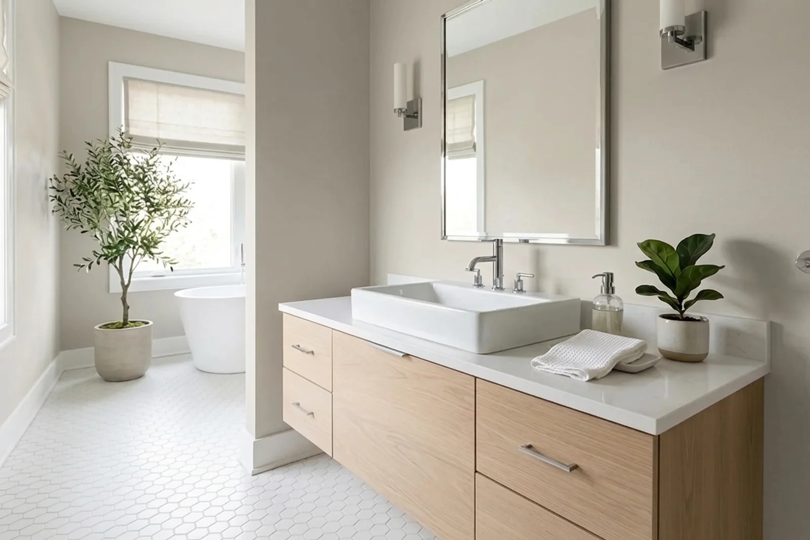 Revere Pewter HC-172 on the walls of a bathroom. AI-assisted composite.