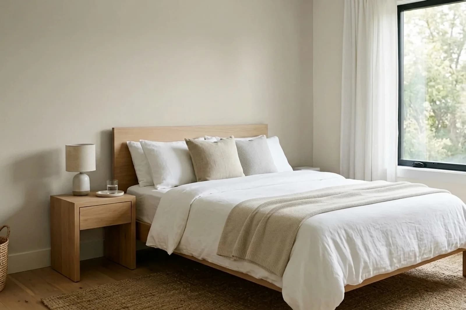 Revere Pewter HC-172 on the walls of a bedroom. AI-assisted composite.