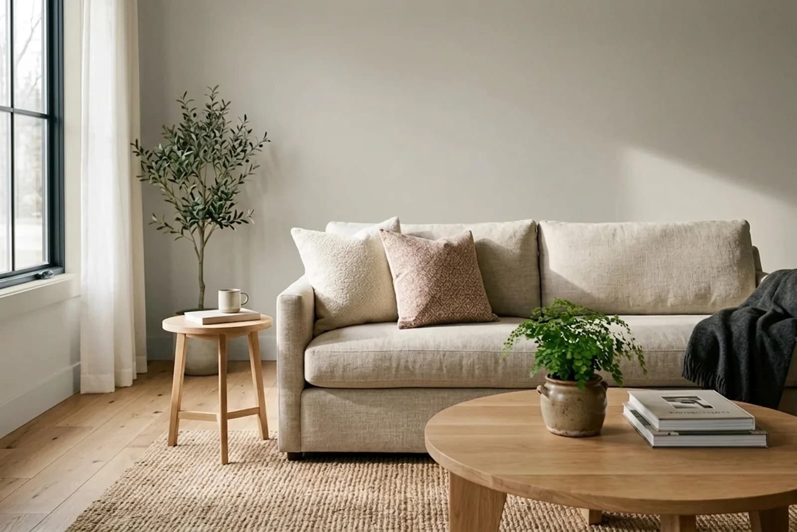 Revere Pewter HC-172 on the walls of a living room. AI-assisted composite.