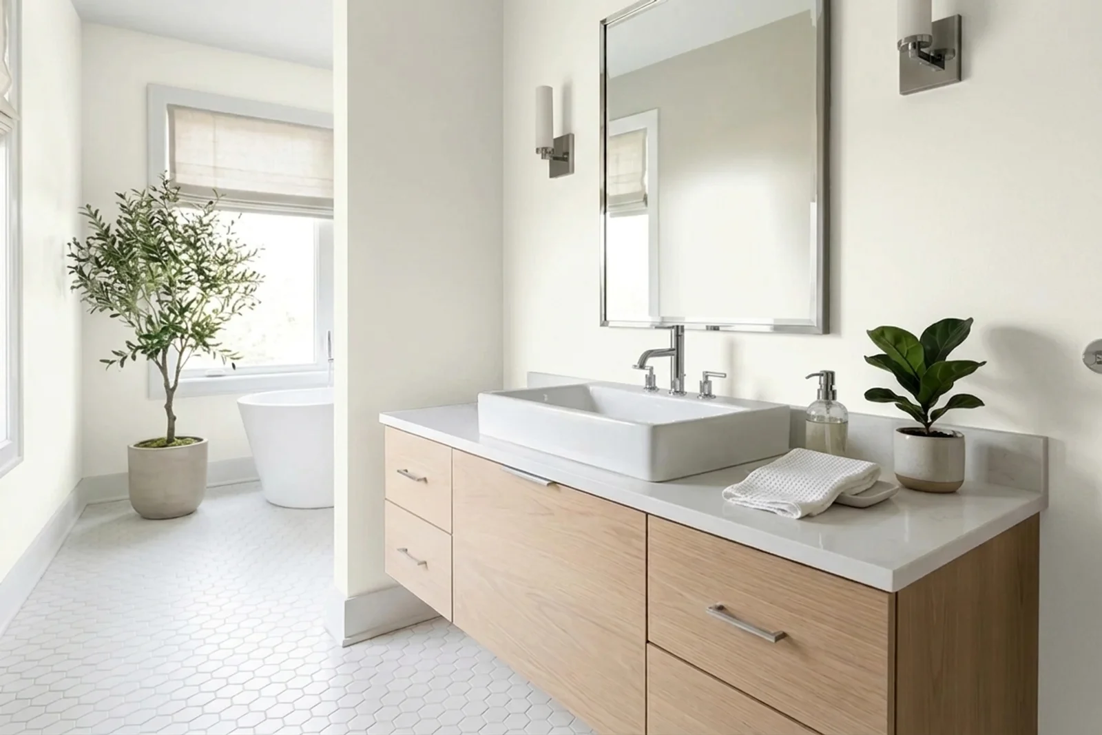 Simply White OC-117 on the walls of a bathroom. AI-assisted composite.