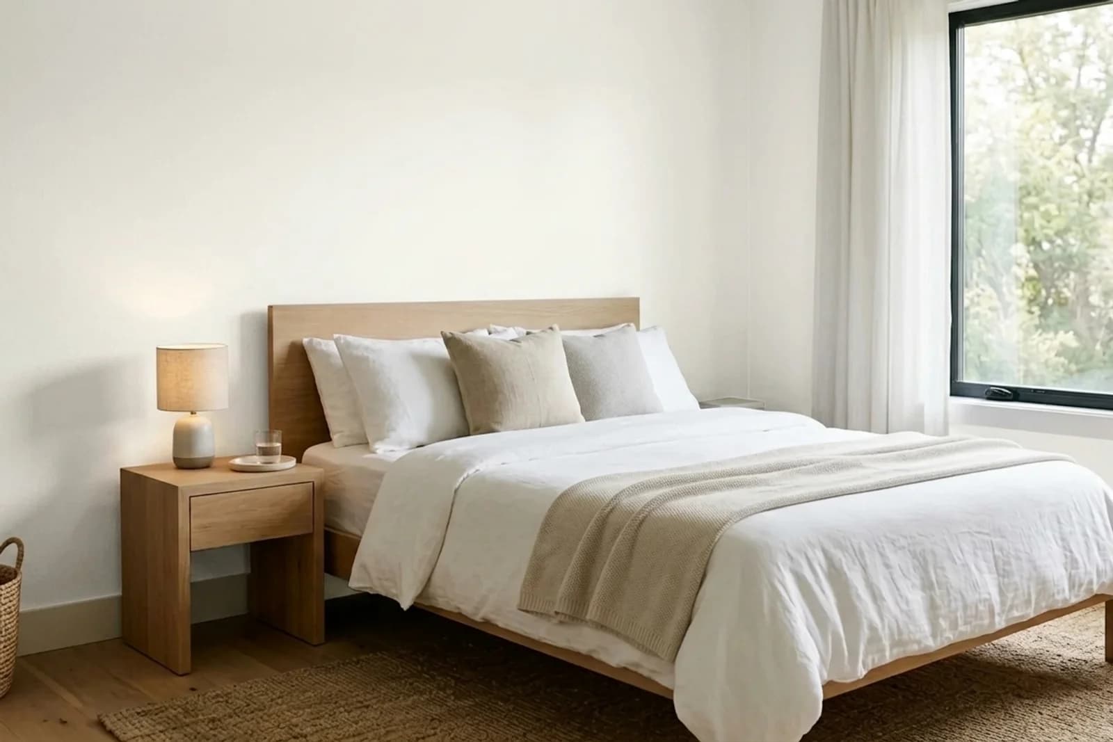 Simply White OC-117 on the walls of a bedroom. AI-assisted composite.