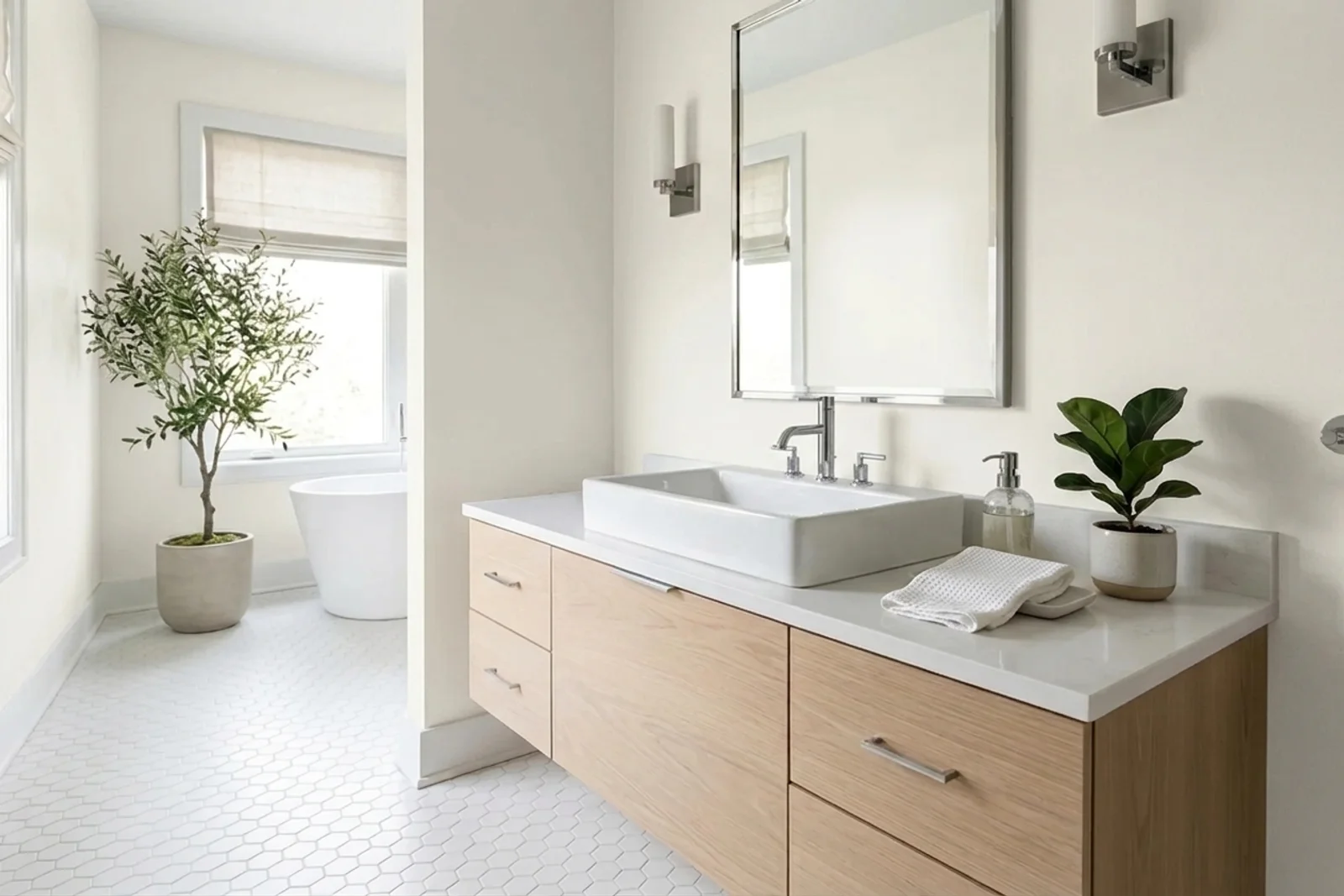 White Dove OC-17 on the walls of a bathroom. AI-assisted composite.