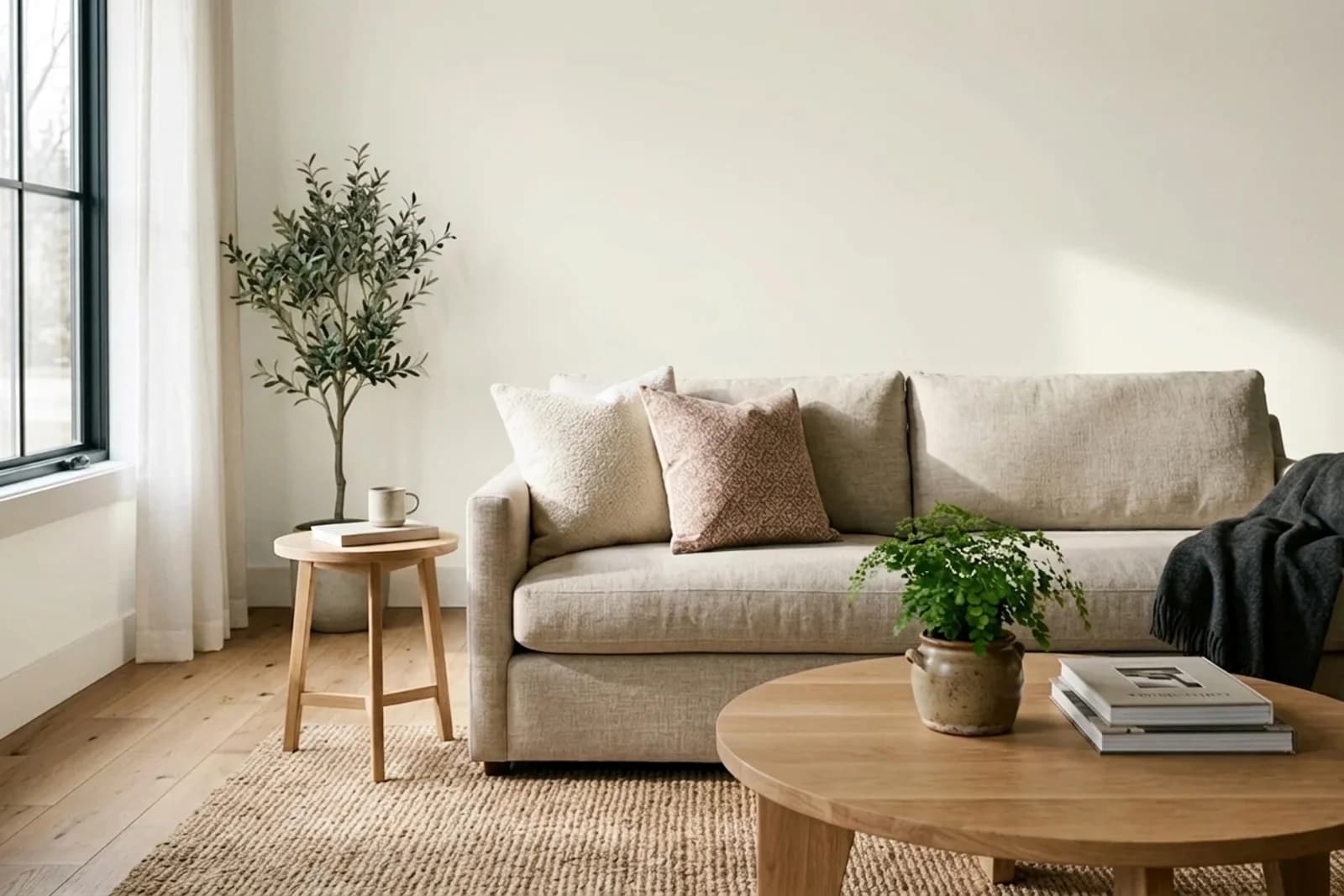 White Dove OC-17 on the walls of a living room. AI-assisted composite.