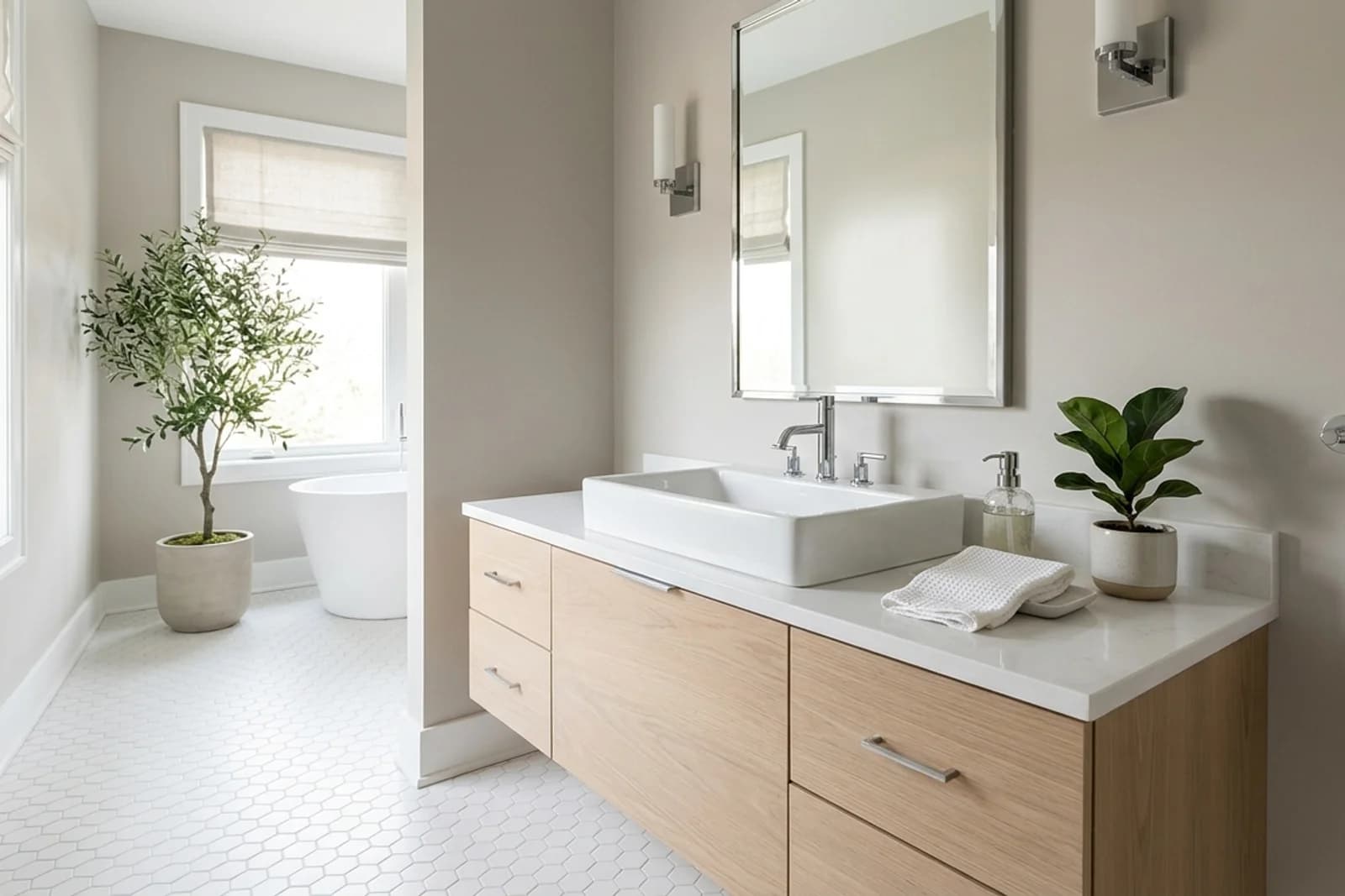 Bathroom with neutral-toned painted walls. AI-assisted visualization.
