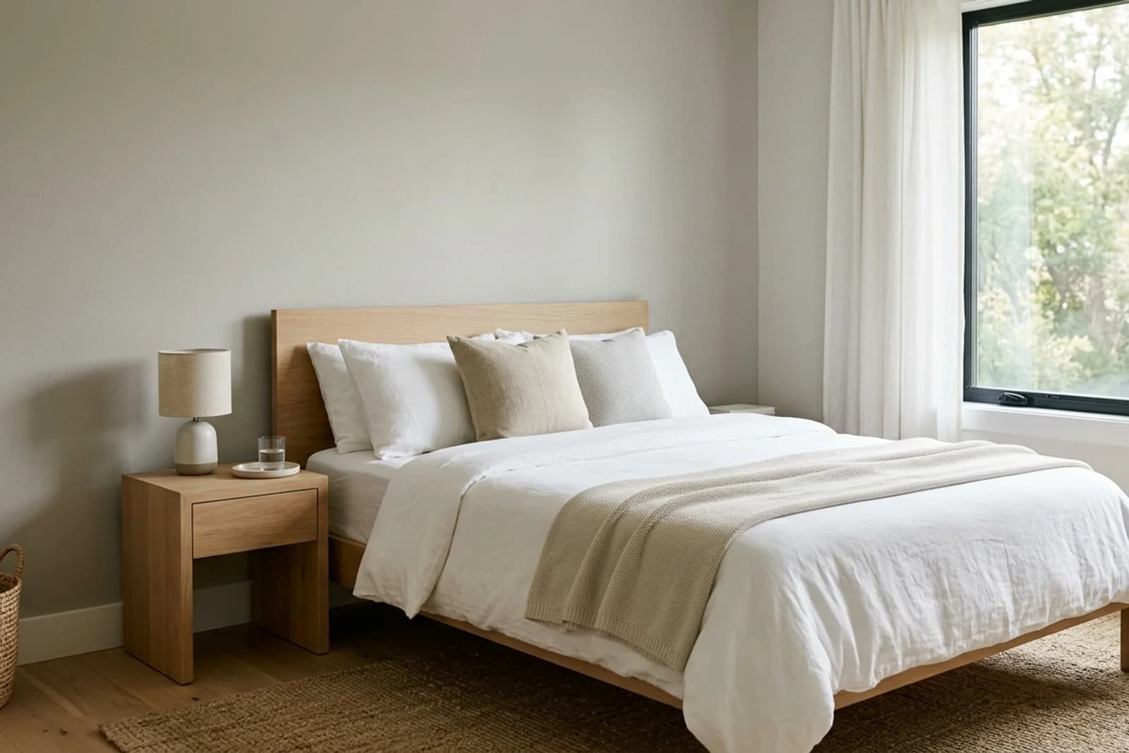 Bedroom with neutral-toned painted walls. AI-assisted visualization.