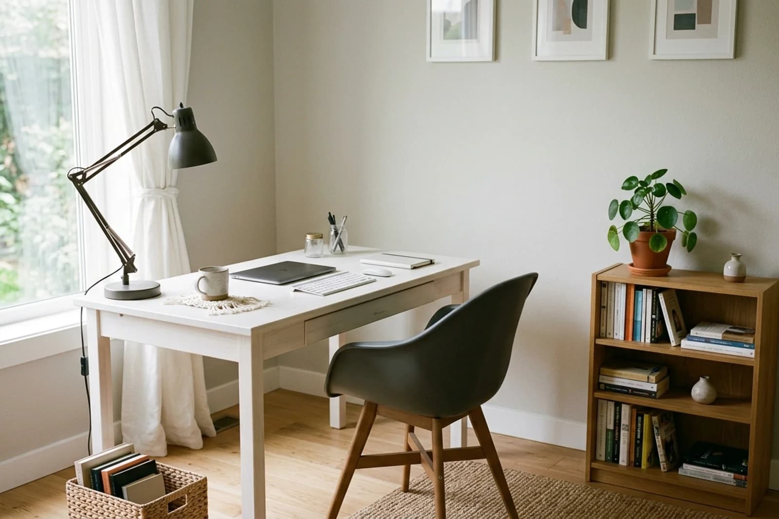 Home Office with neutral-toned painted walls. AI-assisted visualization.