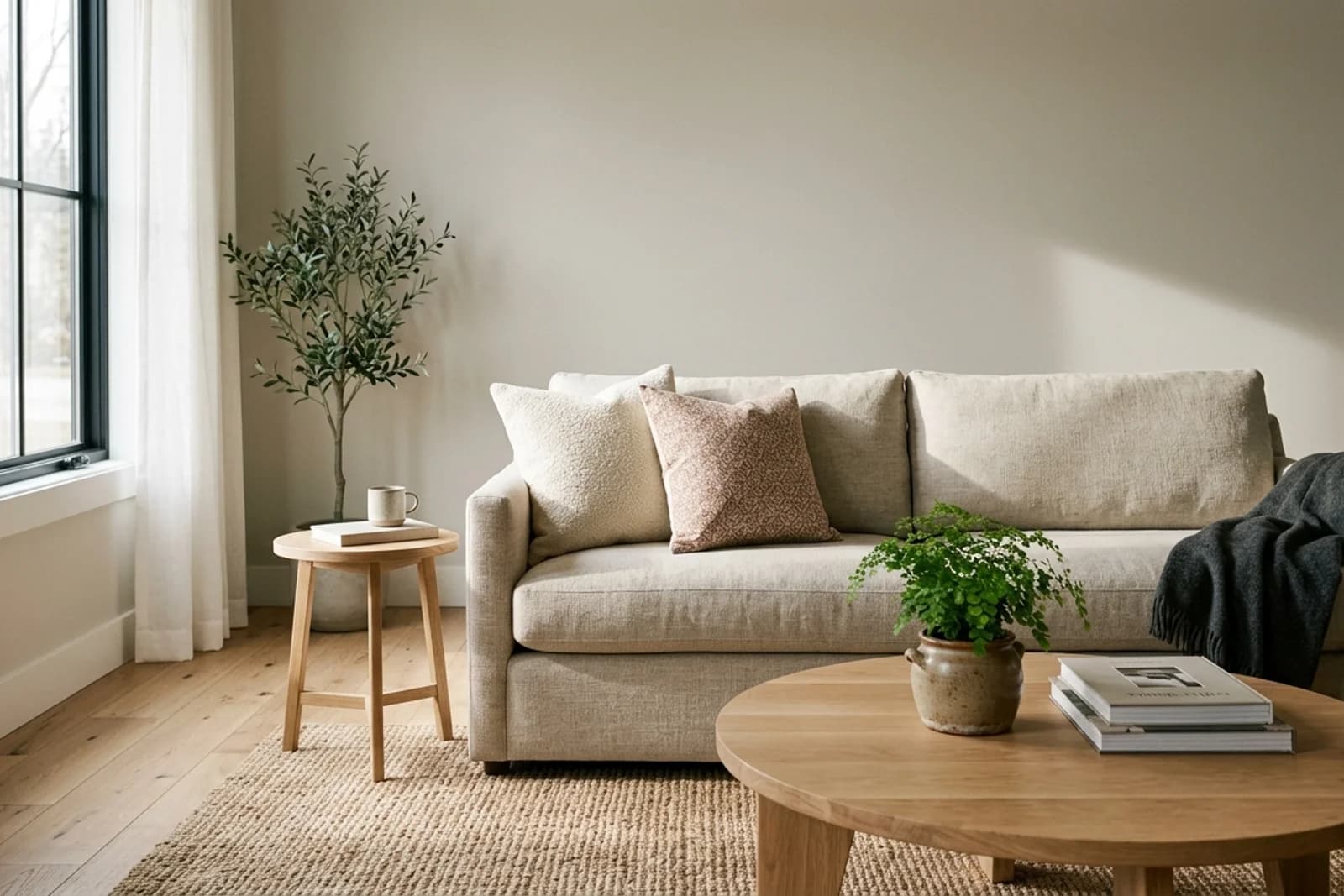 Living Room with neutral-toned painted walls. AI-assisted visualization.