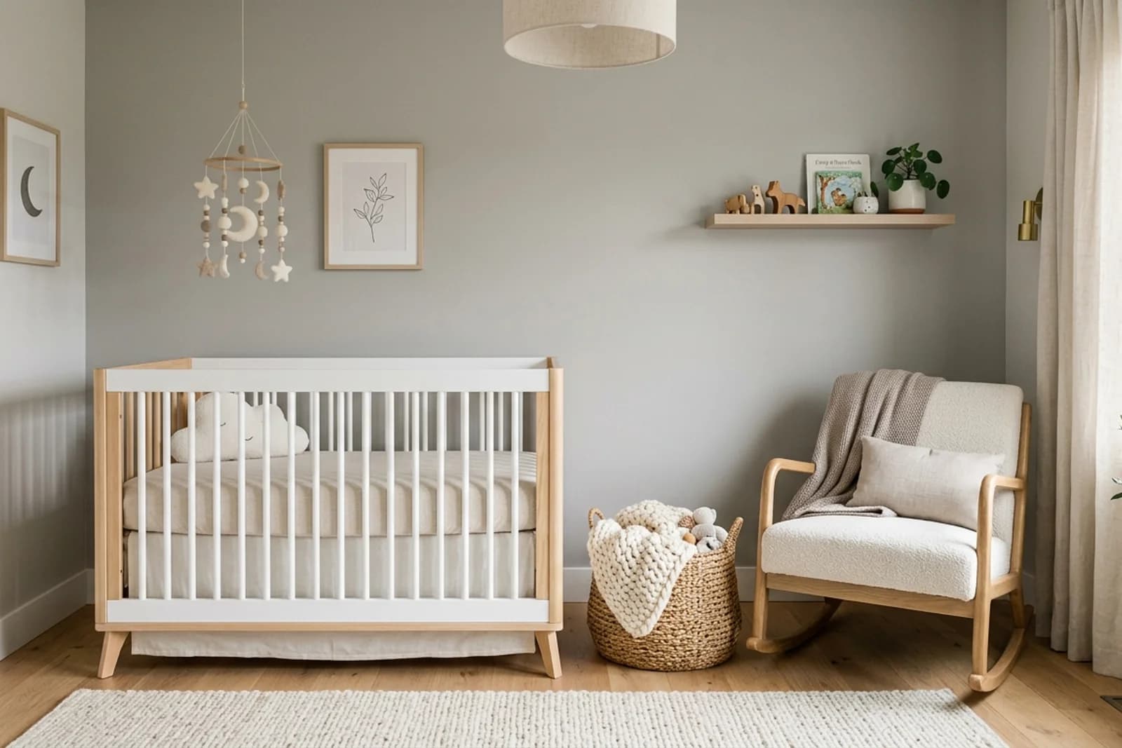 Nursery with neutral-toned painted walls. AI-assisted visualization.