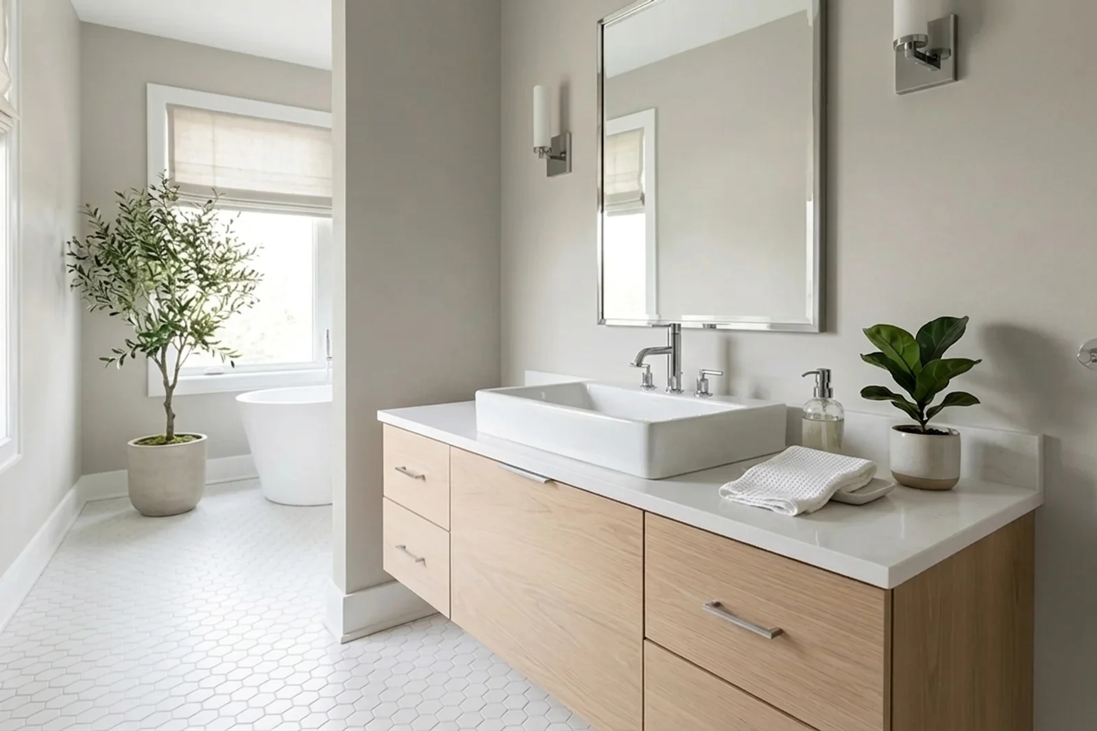 Repose Gray SW 7015 on the walls of a bathroom. AI-assisted composite.