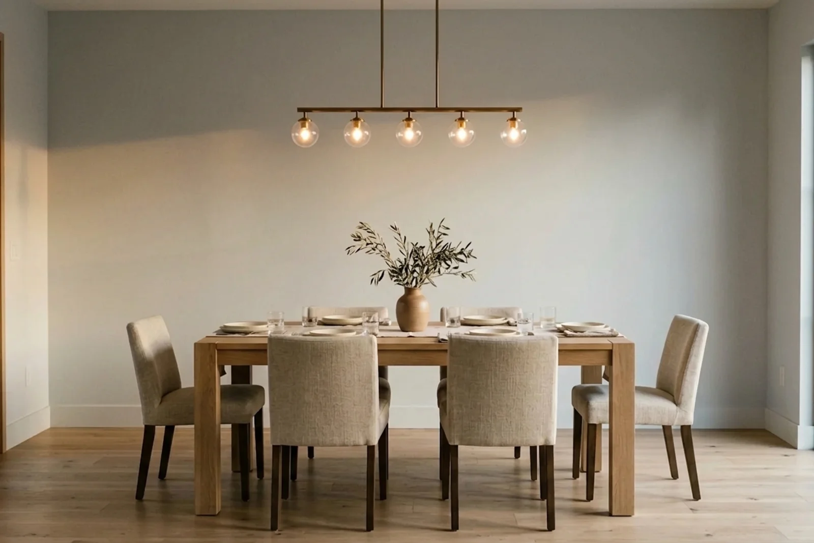 Repose Gray SW 7015 on the walls of a dining room. AI-assisted composite.
