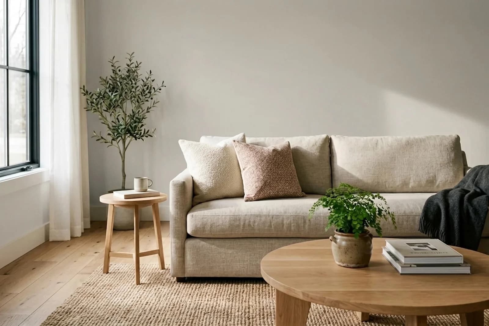 Repose Gray SW 7015 on the walls of a living room. AI-assisted composite.