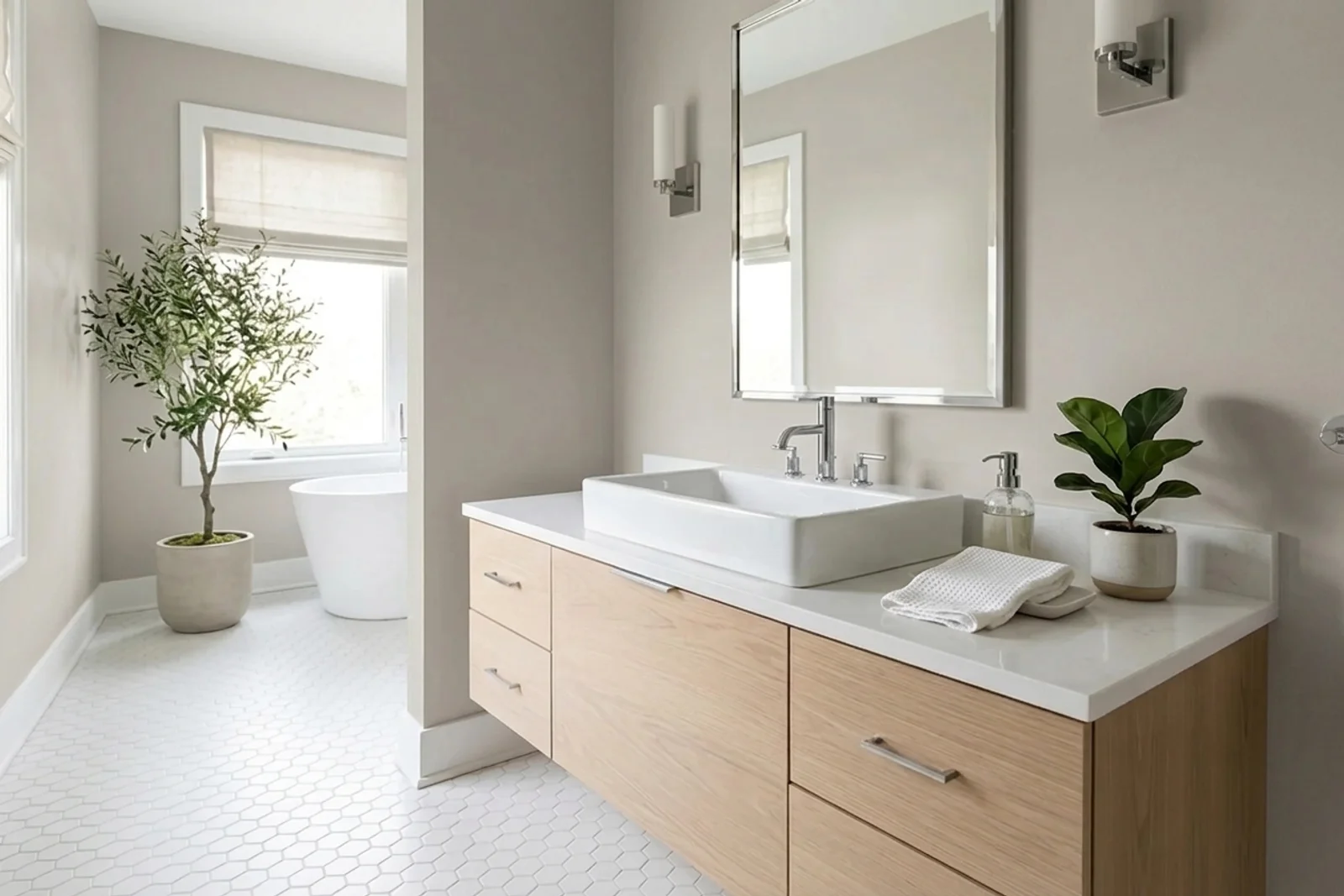 Agreeable Gray SW 7029 on the walls of a bathroom. AI-assisted composite.
