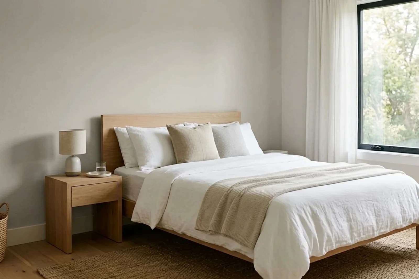 Agreeable Gray SW 7029 on the walls of a bedroom. AI-assisted composite.