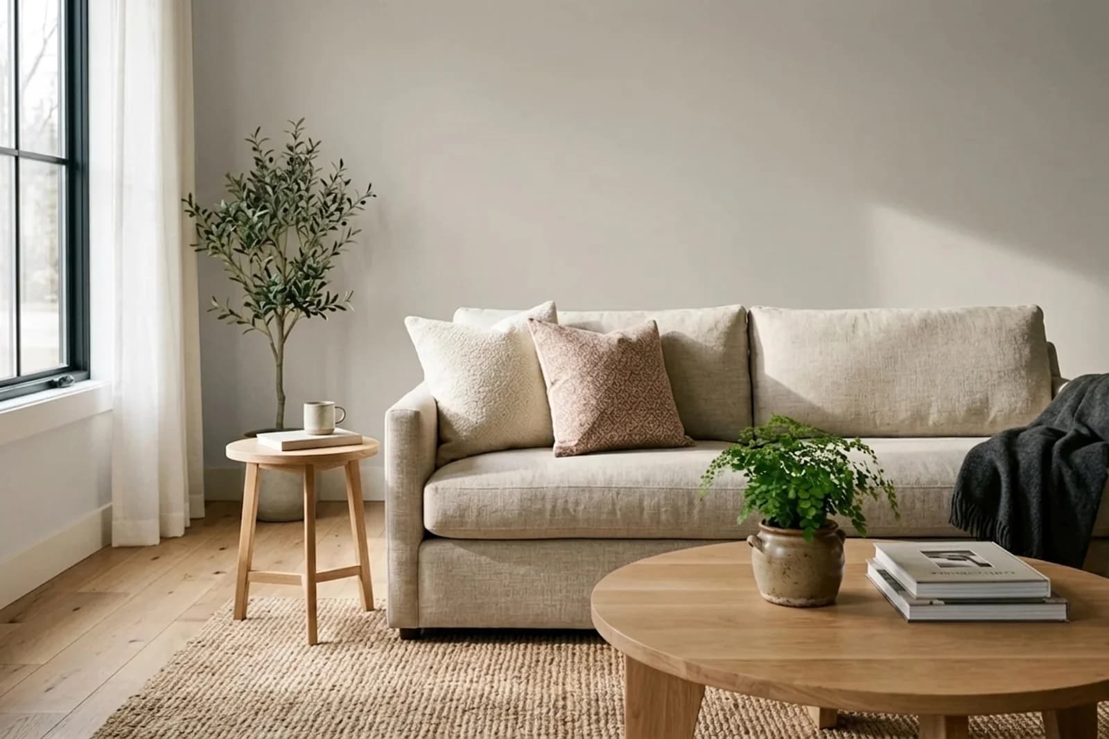Agreeable Gray SW 7029 on the walls of a living room. AI-assisted composite.
