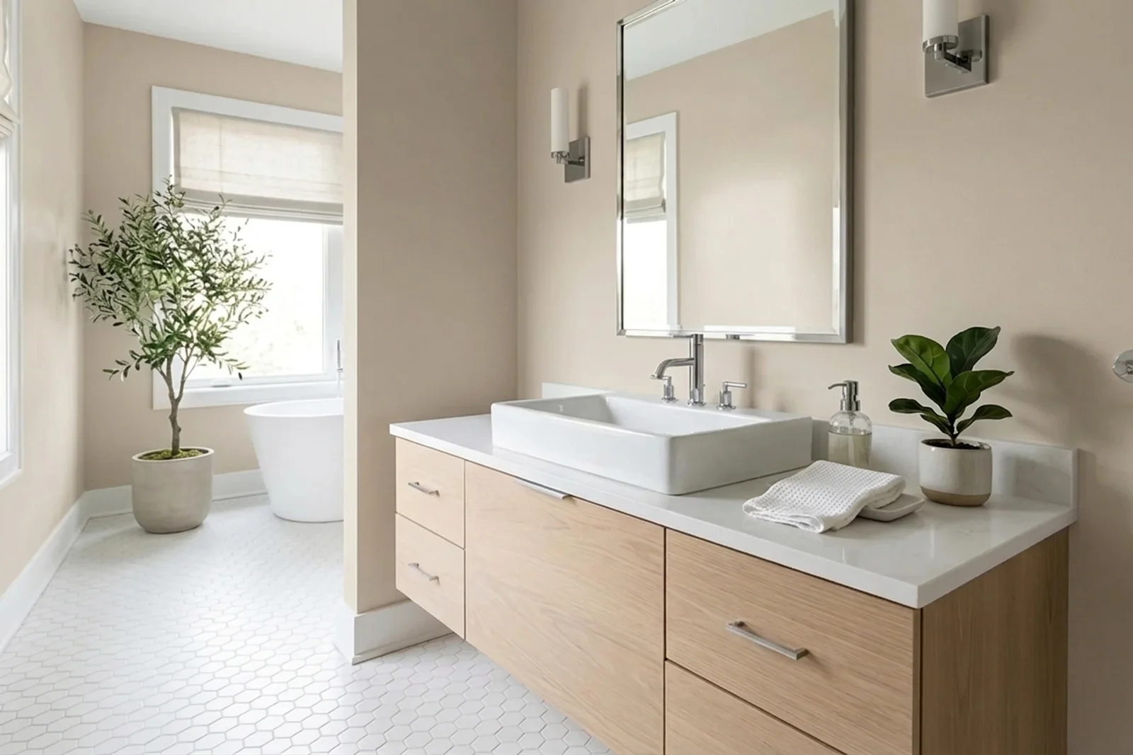 Accessible Beige SW 7036 on the walls of a bathroom. AI-assisted composite.