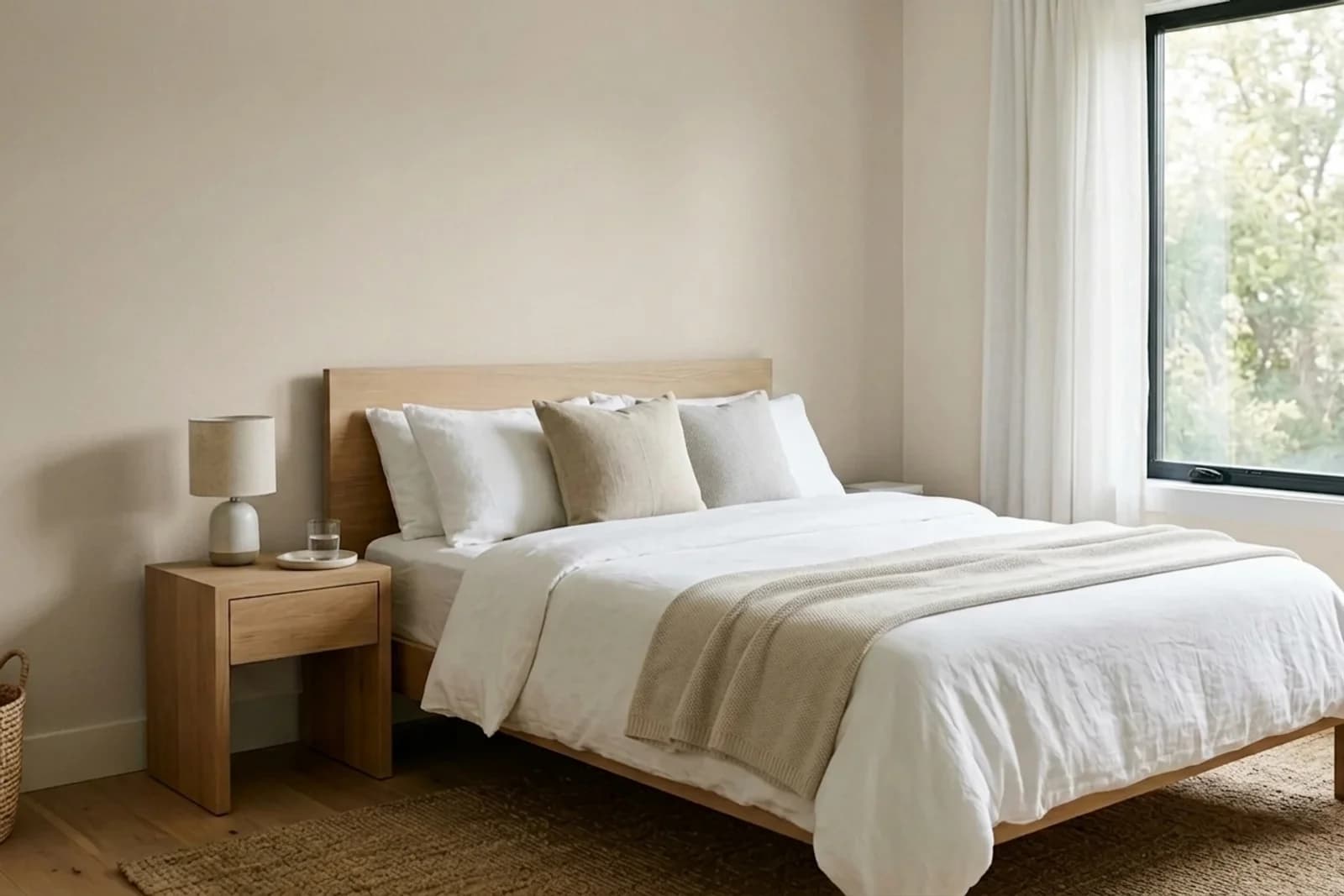 Accessible Beige SW 7036 on the walls of a bedroom. AI-assisted composite.