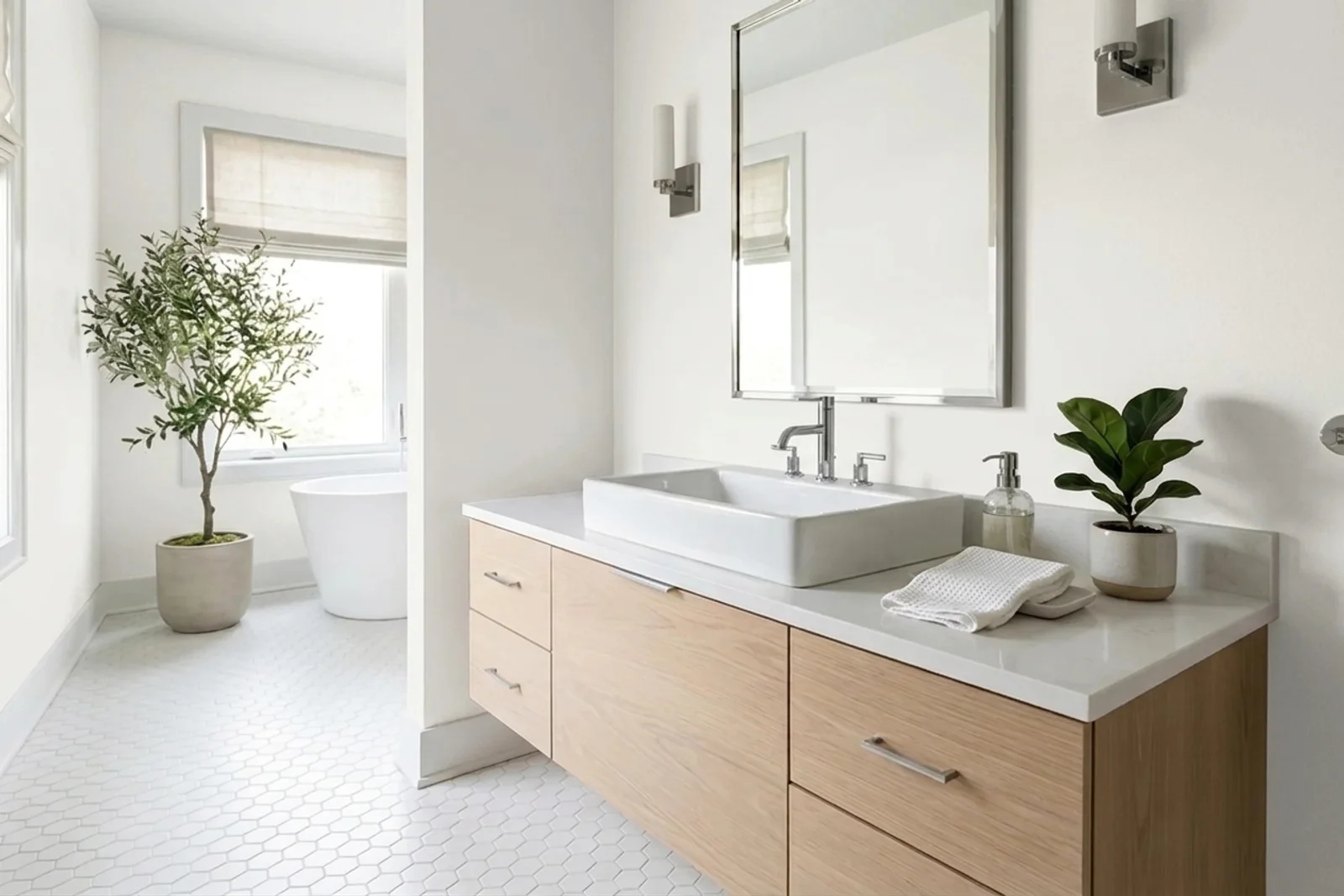 Pure White SW 7005 on the walls of a bathroom. AI-assisted composite.