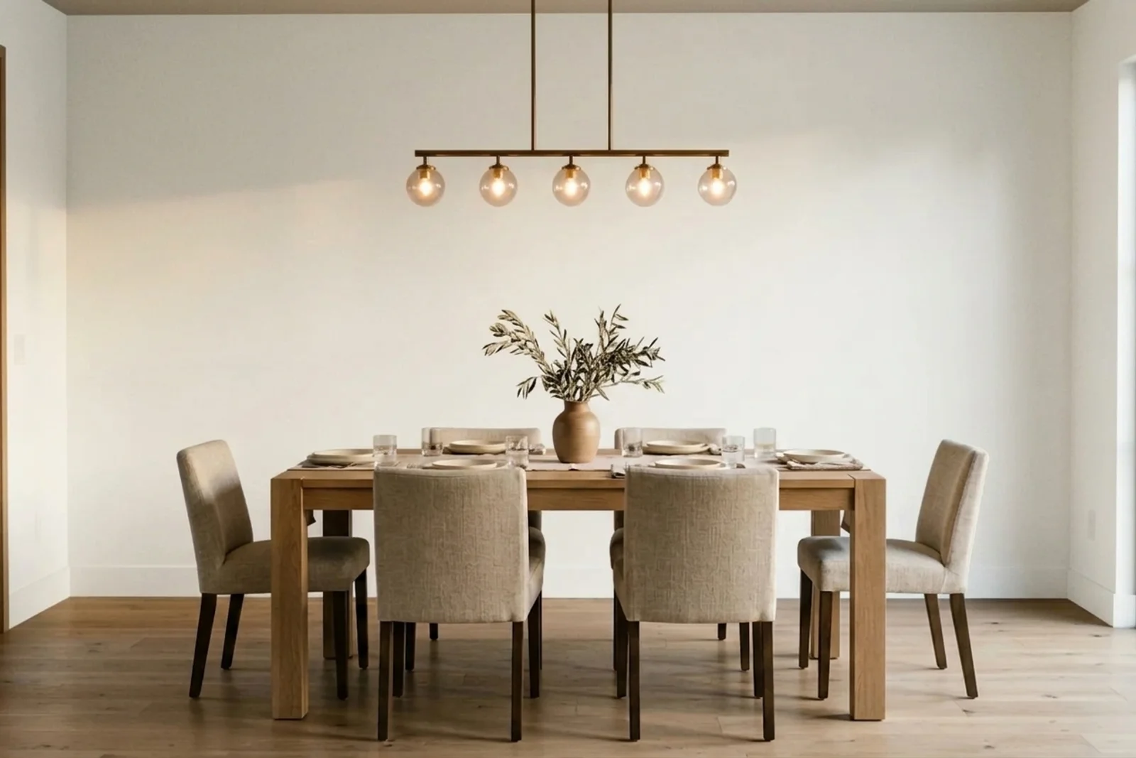 Pure White SW 7005 on the walls of a dining room. AI-assisted composite.