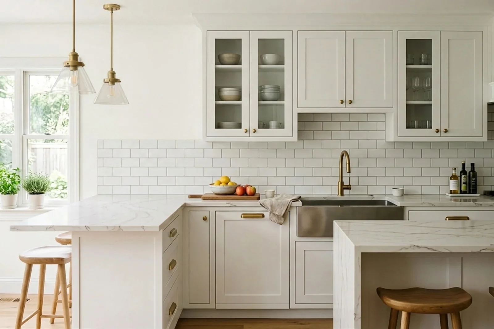 Pure White SW 7005 on the walls of a kitchen. AI-assisted composite.