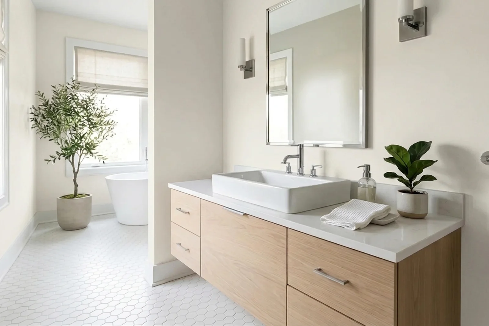 Alabaster SW 7008 on the walls of a bathroom. AI-assisted composite.