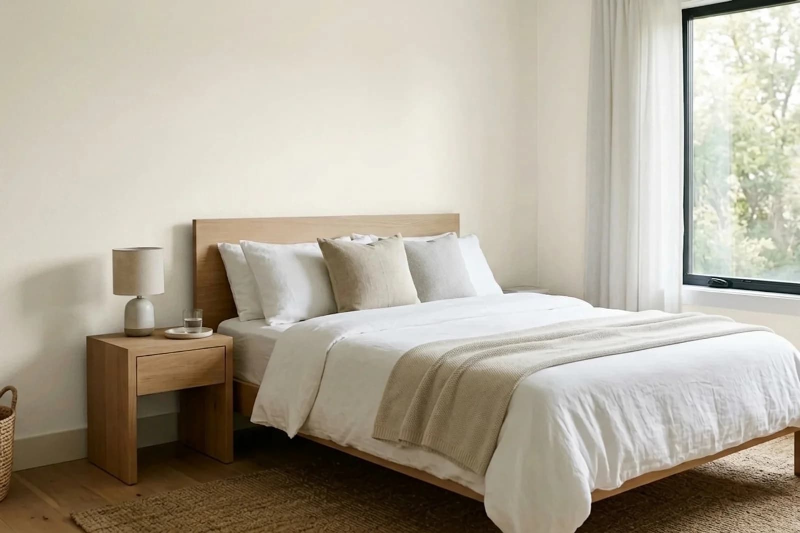 Alabaster SW 7008 on the walls of a bedroom. AI-assisted composite.