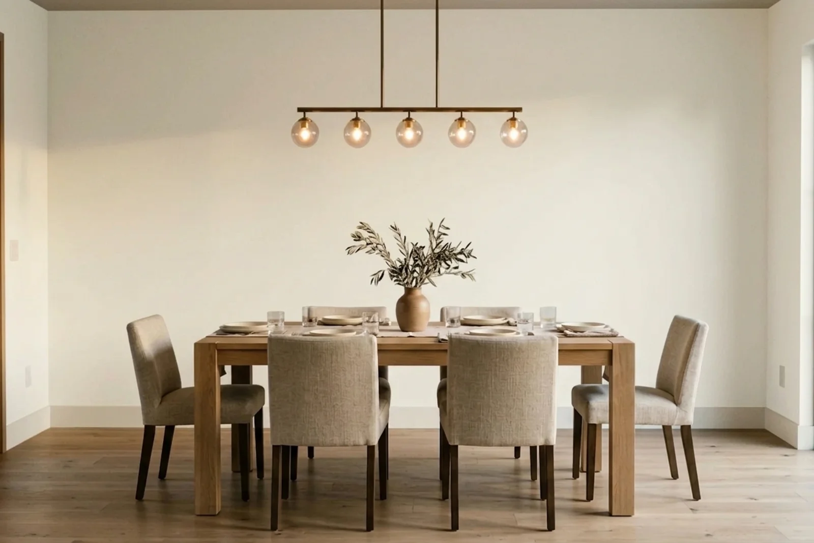 Alabaster SW 7008 on the walls of a dining room. AI-assisted composite.