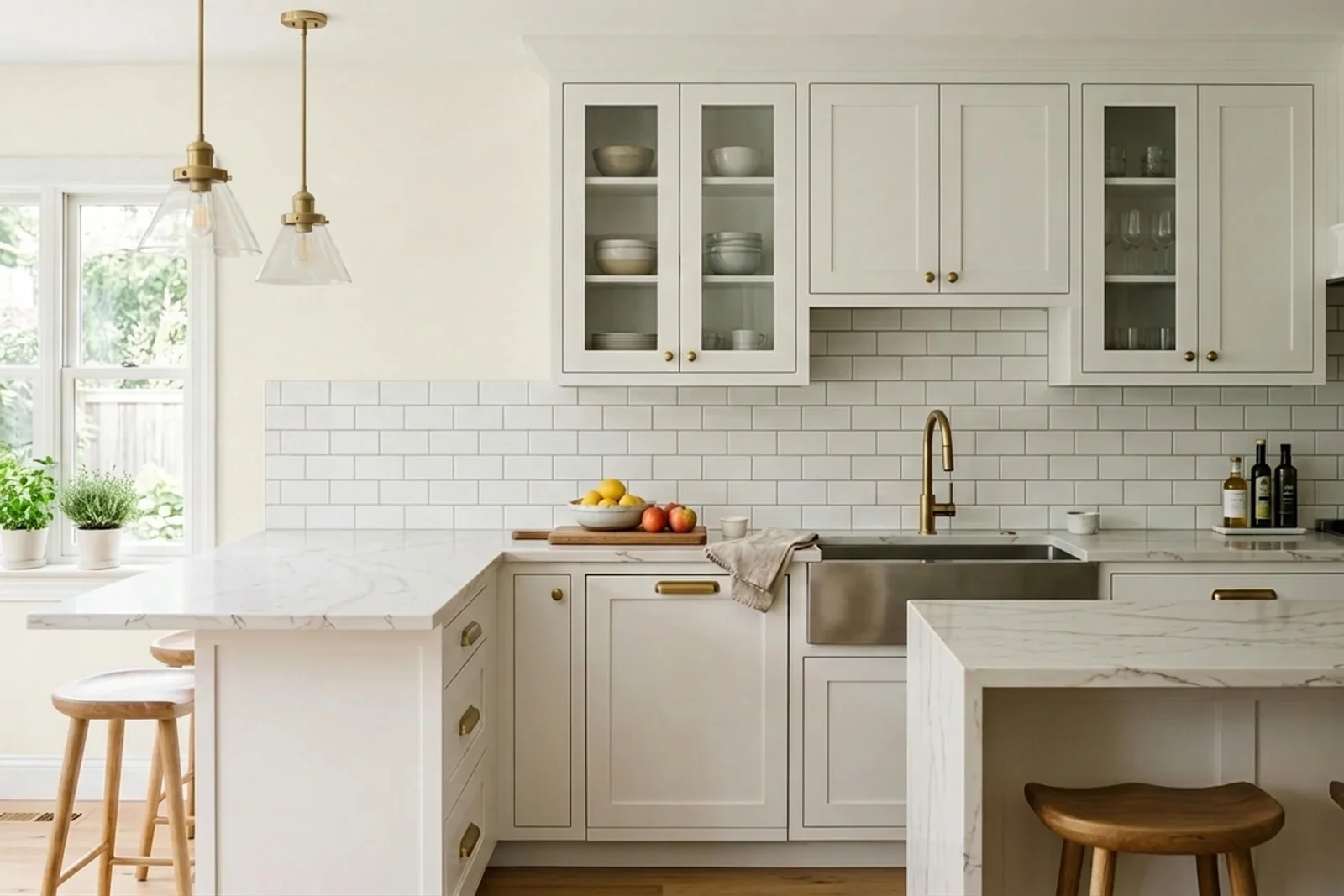 Alabaster SW 7008 on the walls of a kitchen. AI-assisted composite.