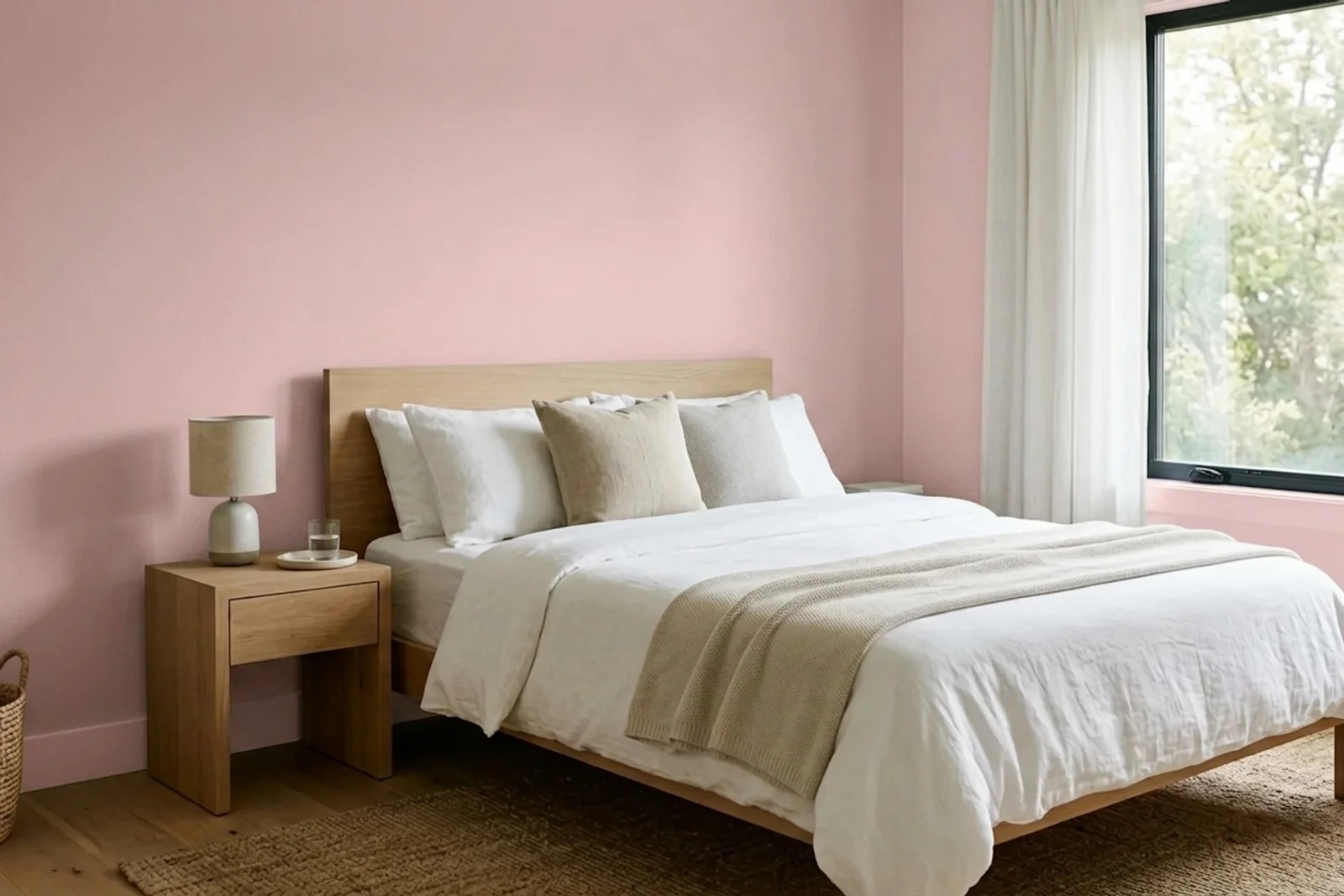 Asian Paints Merrie Pink 0418 on the walls of a bedroom — AI-assisted visualization