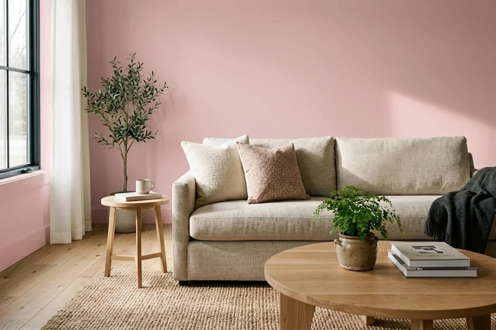 Asian Paints Merrie Pink 0418 on the walls of a living room — AI-assisted visualization