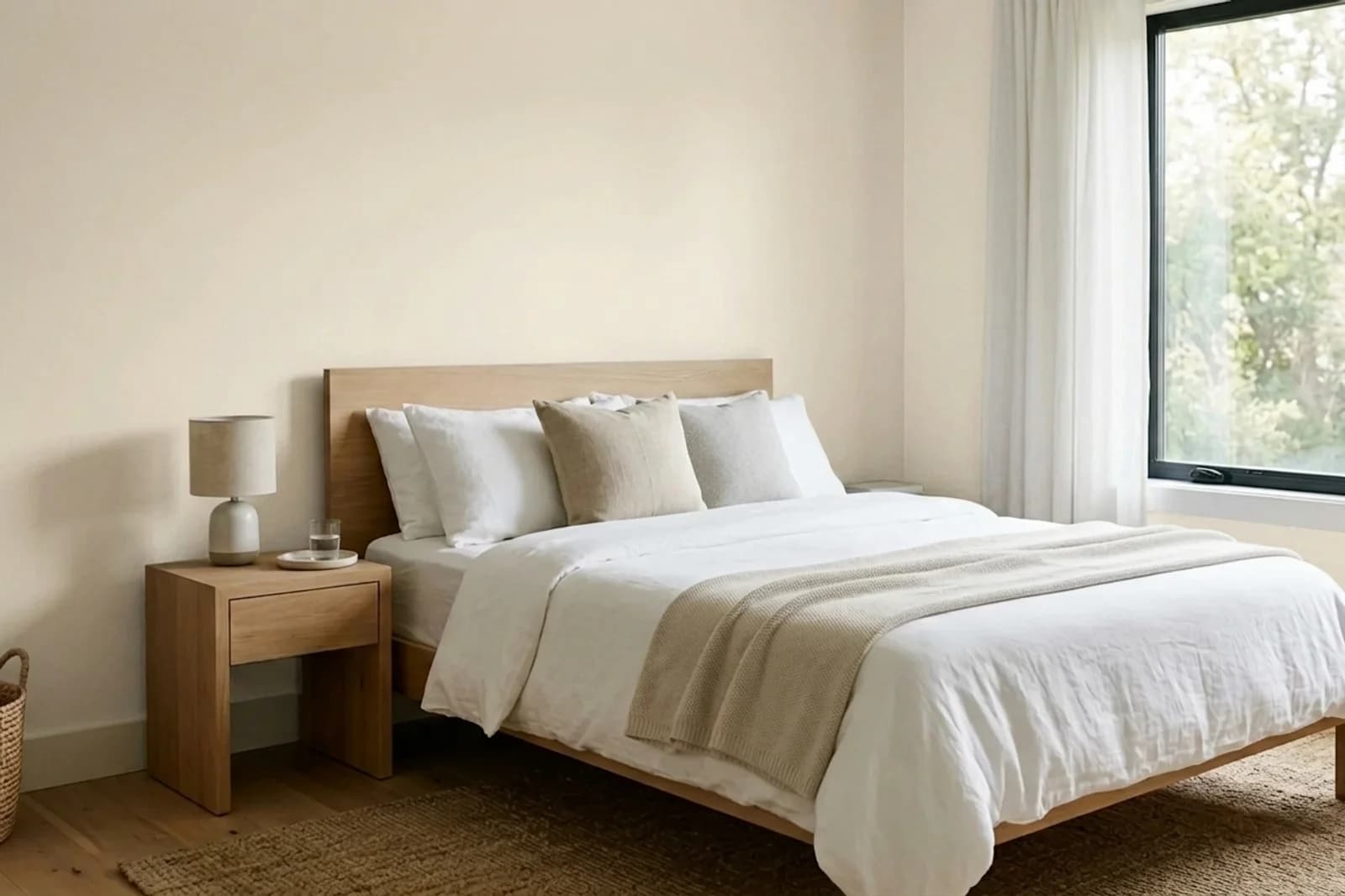 Asian Paints Morning Glory 0765 on the walls of a bedroom — AI-assisted visualization