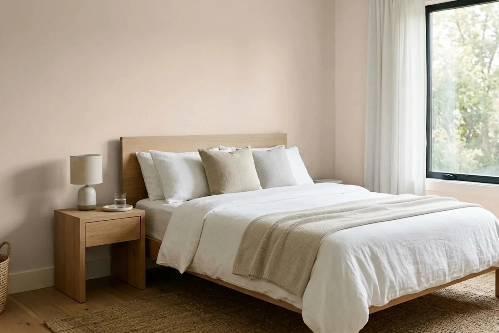 Asian Paints Summer Blush-n 0945 on the walls of a bedroom — AI-assisted visualization