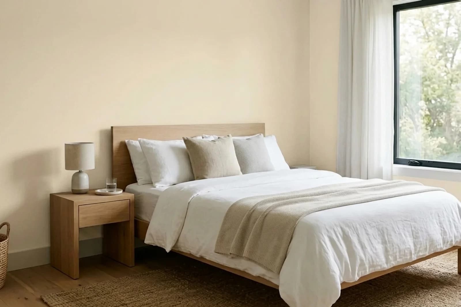 Asian Paints Bonewhite 0964 on the walls of a bedroom — AI-assisted visualization