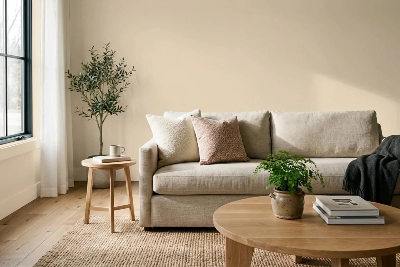 Asian Paints Bonewhite 0964 on the walls of a living room — AI-assisted visualization