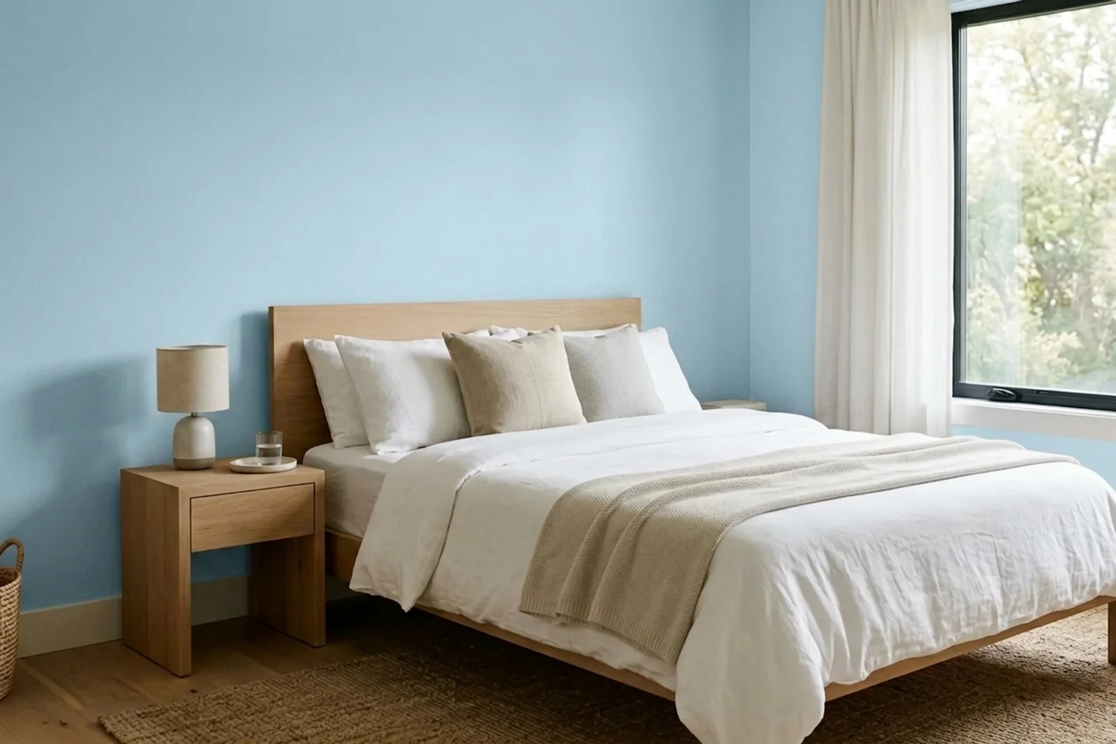 Asian Paints Light Sky 7331 on the walls of a bedroom — AI-assisted visualization