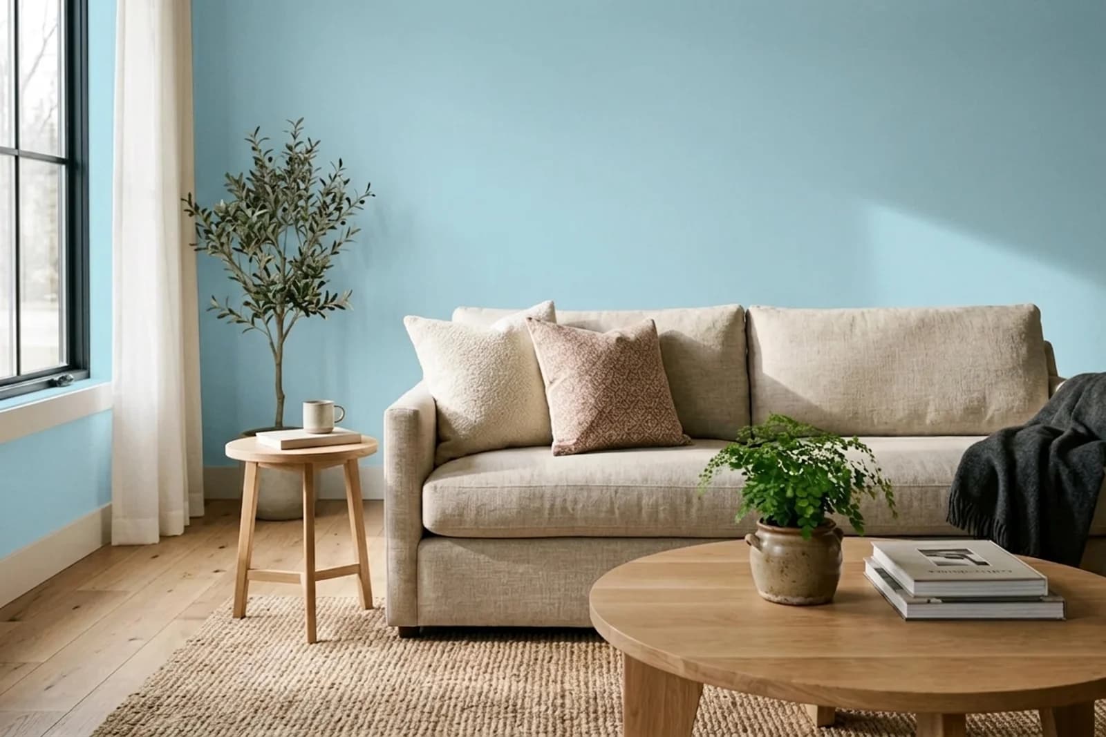 Asian Paints Light Sky 7331 on the walls of a living room — AI-assisted visualization
