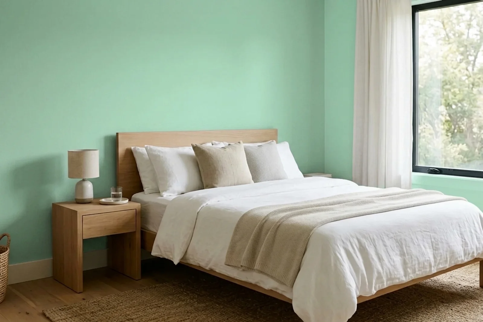 Asian Paints Iced Kiwi 7569 on the walls of a bedroom — AI-assisted visualization