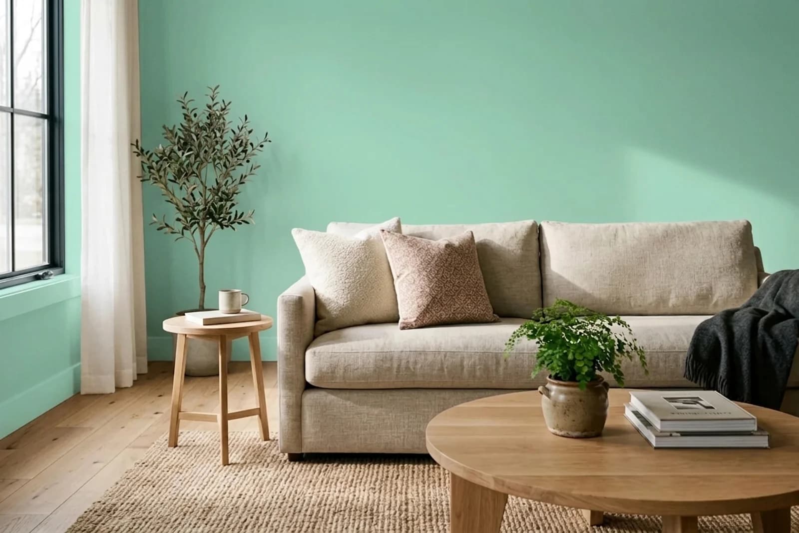 Asian Paints Iced Kiwi 7569 on the walls of a living room — AI-assisted visualization
