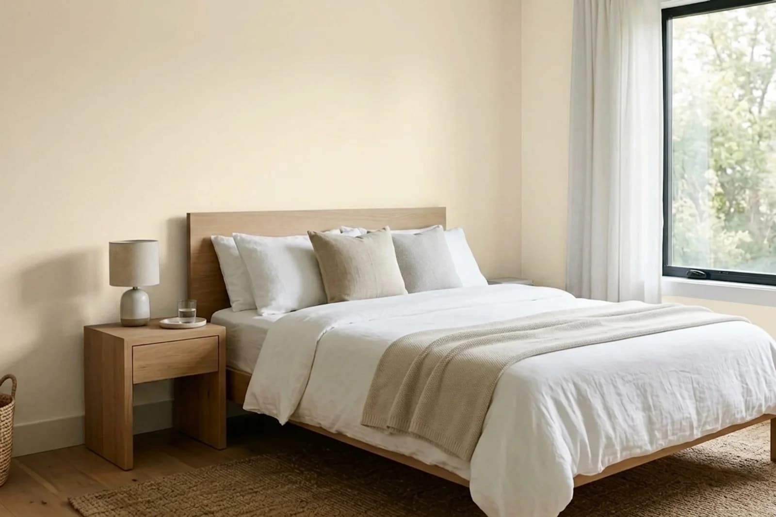 Asian Paints Soft Linen 7884 on the walls of a bedroom — AI-assisted visualization
