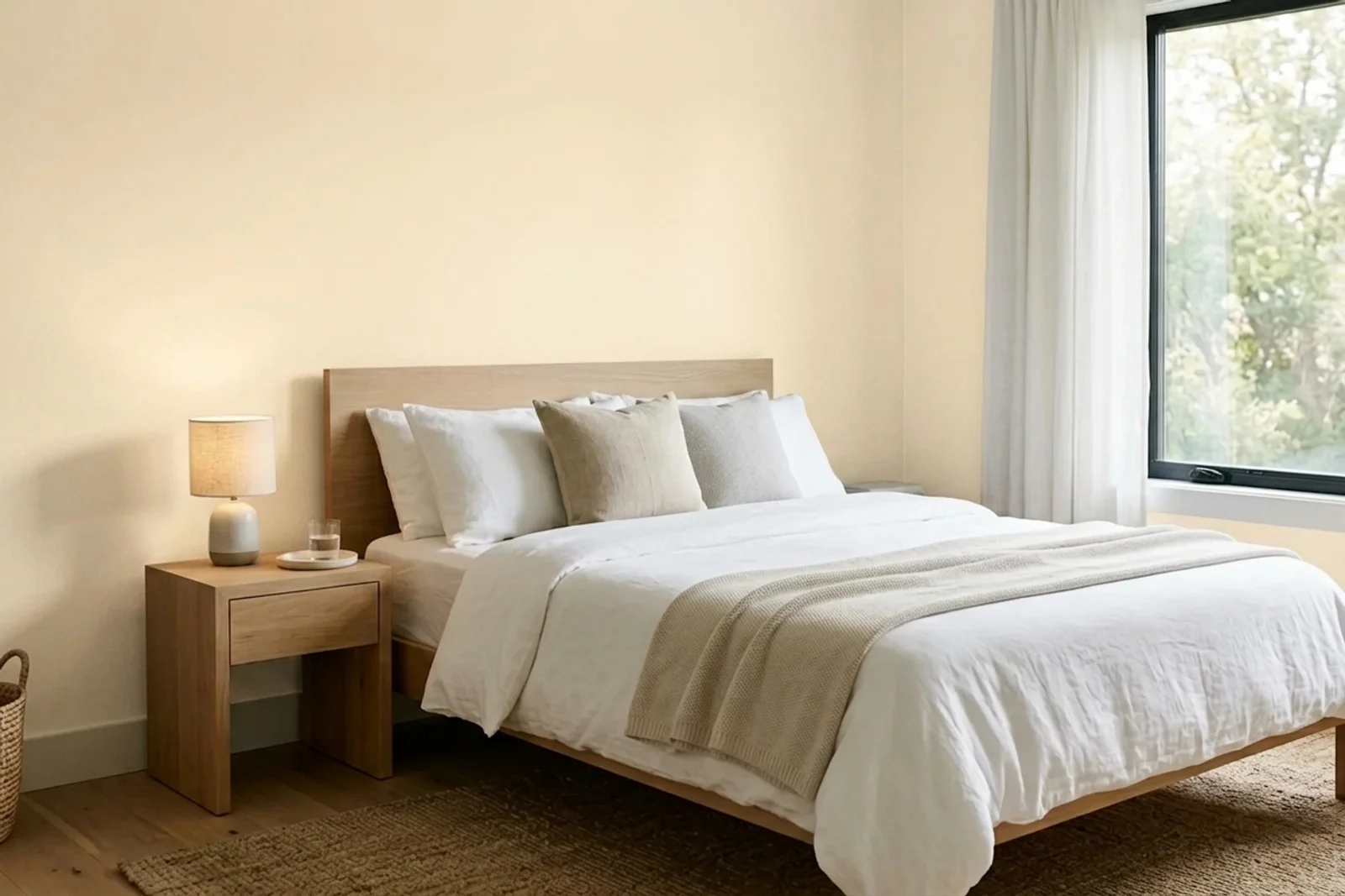 Asian Paints Cream Silk 7955 on the walls of a bedroom — AI-assisted visualization