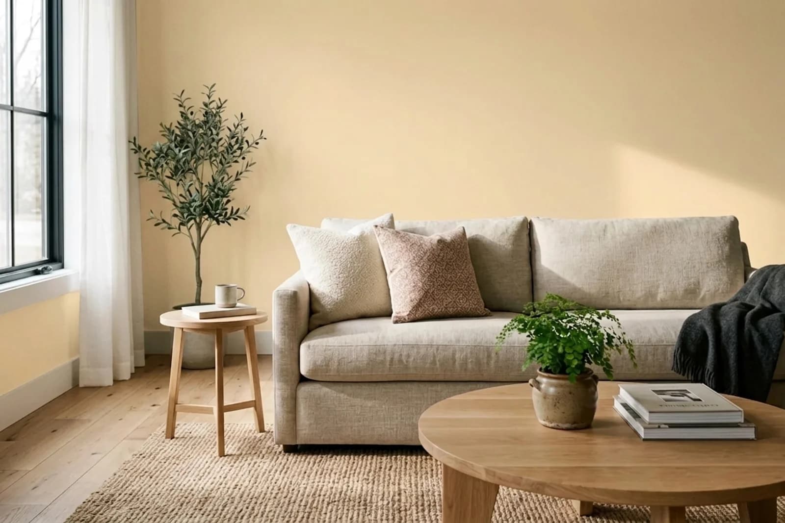 Asian Paints Cream Silk 7955 on the walls of a living room — AI-assisted visualization