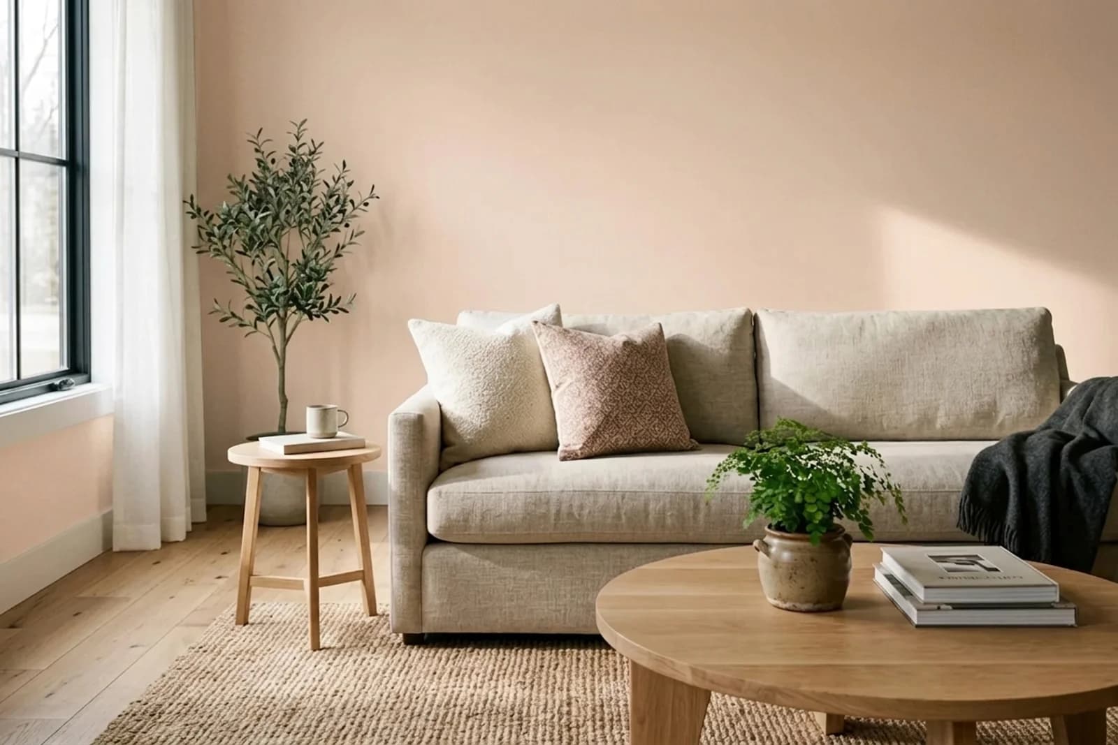 Asian Paints Soft Chenille 8036 on the walls of a living room — AI-assisted visualization