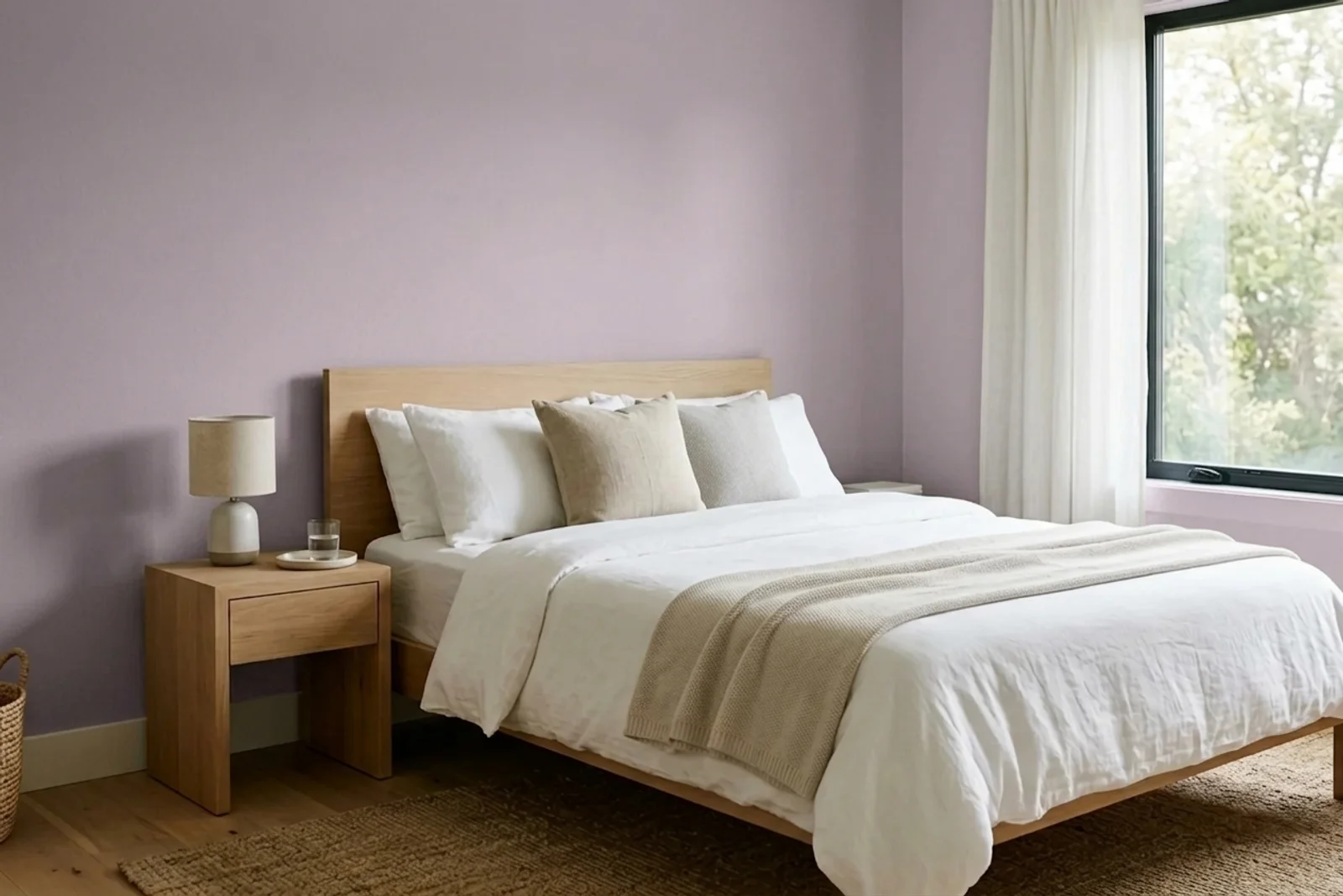Asian Paints Purple Aura 8201 on the walls of a bedroom — AI-assisted visualization