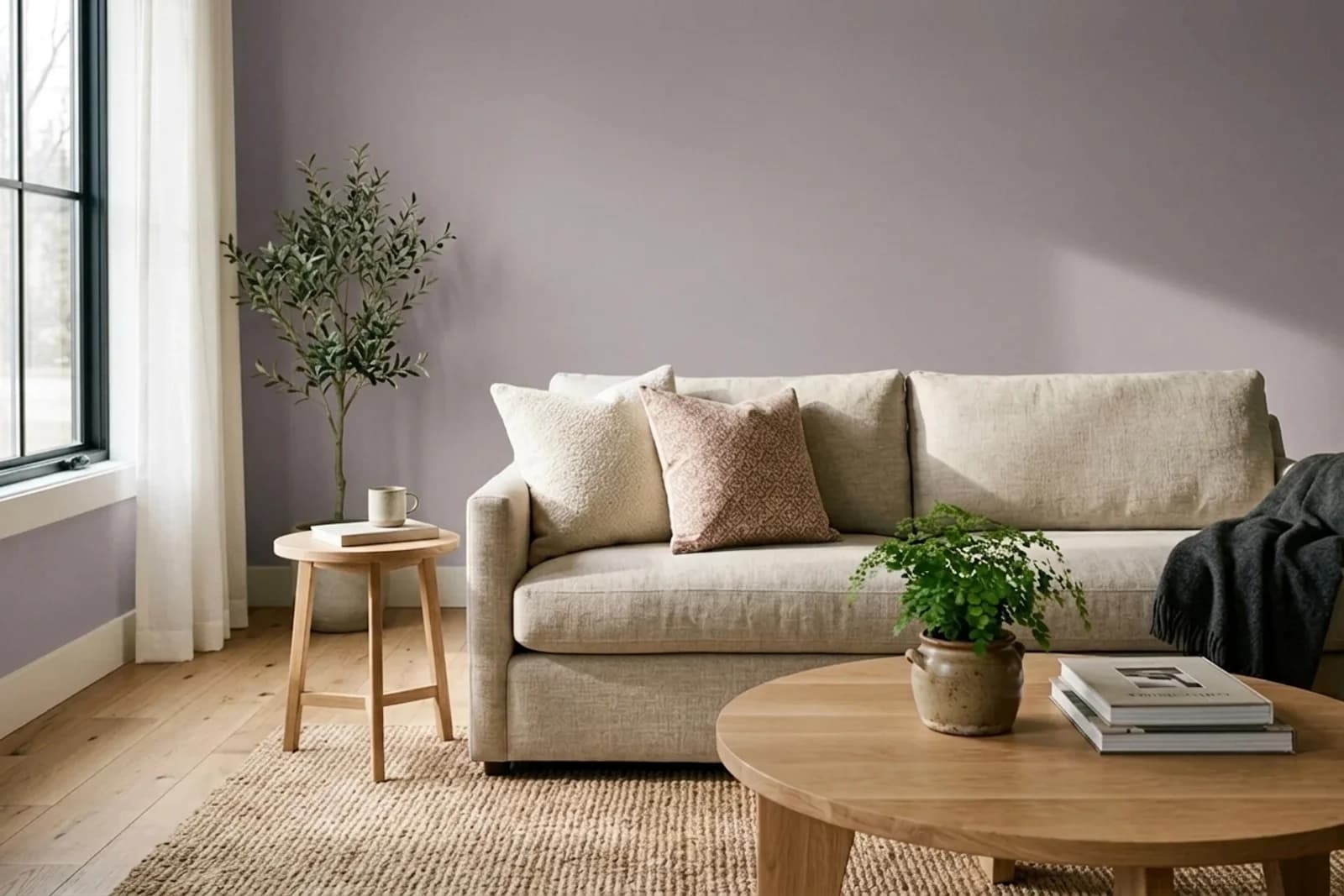 Asian Paints Purple Aura 8201 on the walls of a living room — AI-assisted visualization