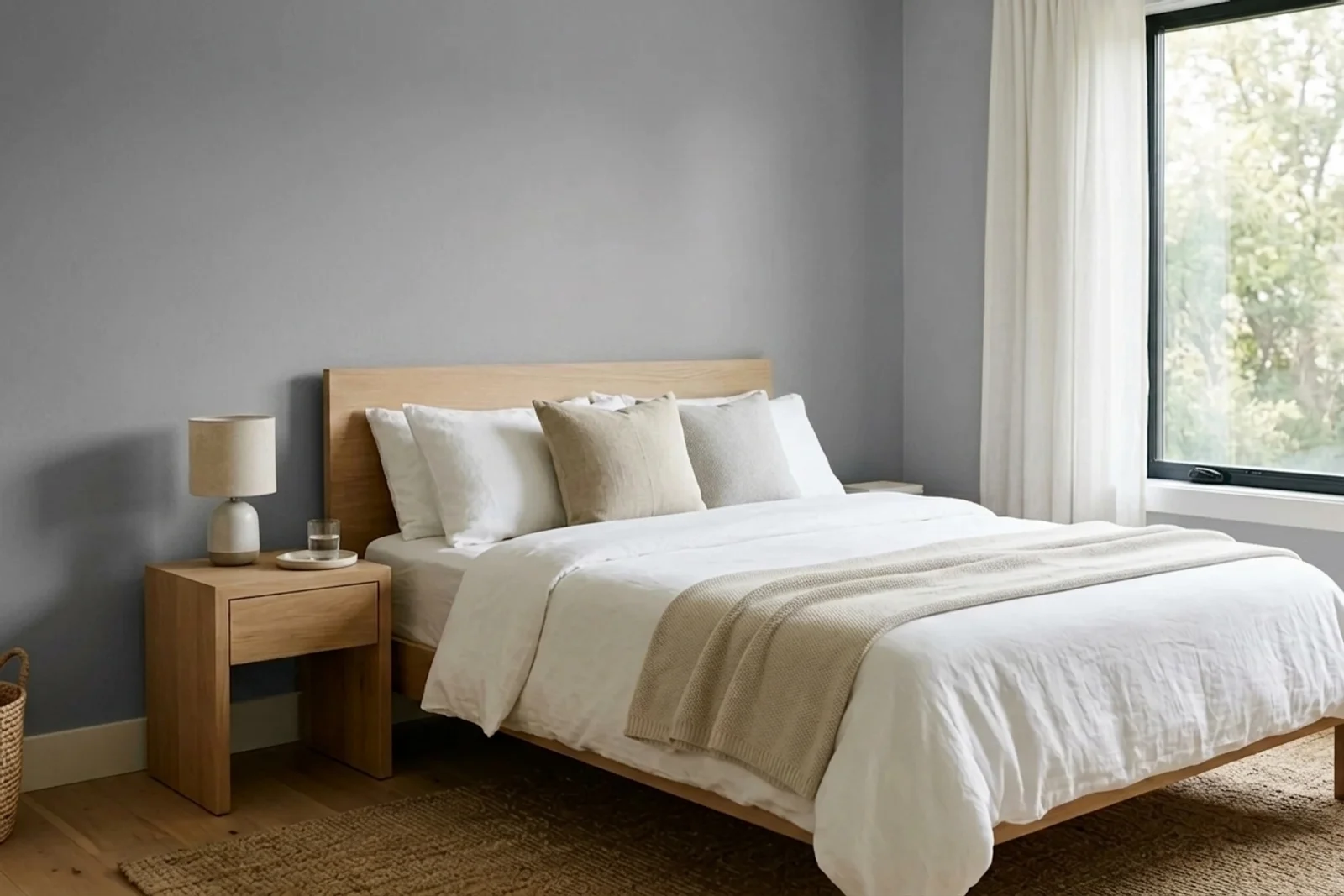 Asian Paints Pigeon Grey 8233 on the walls of a bedroom — AI-assisted visualization