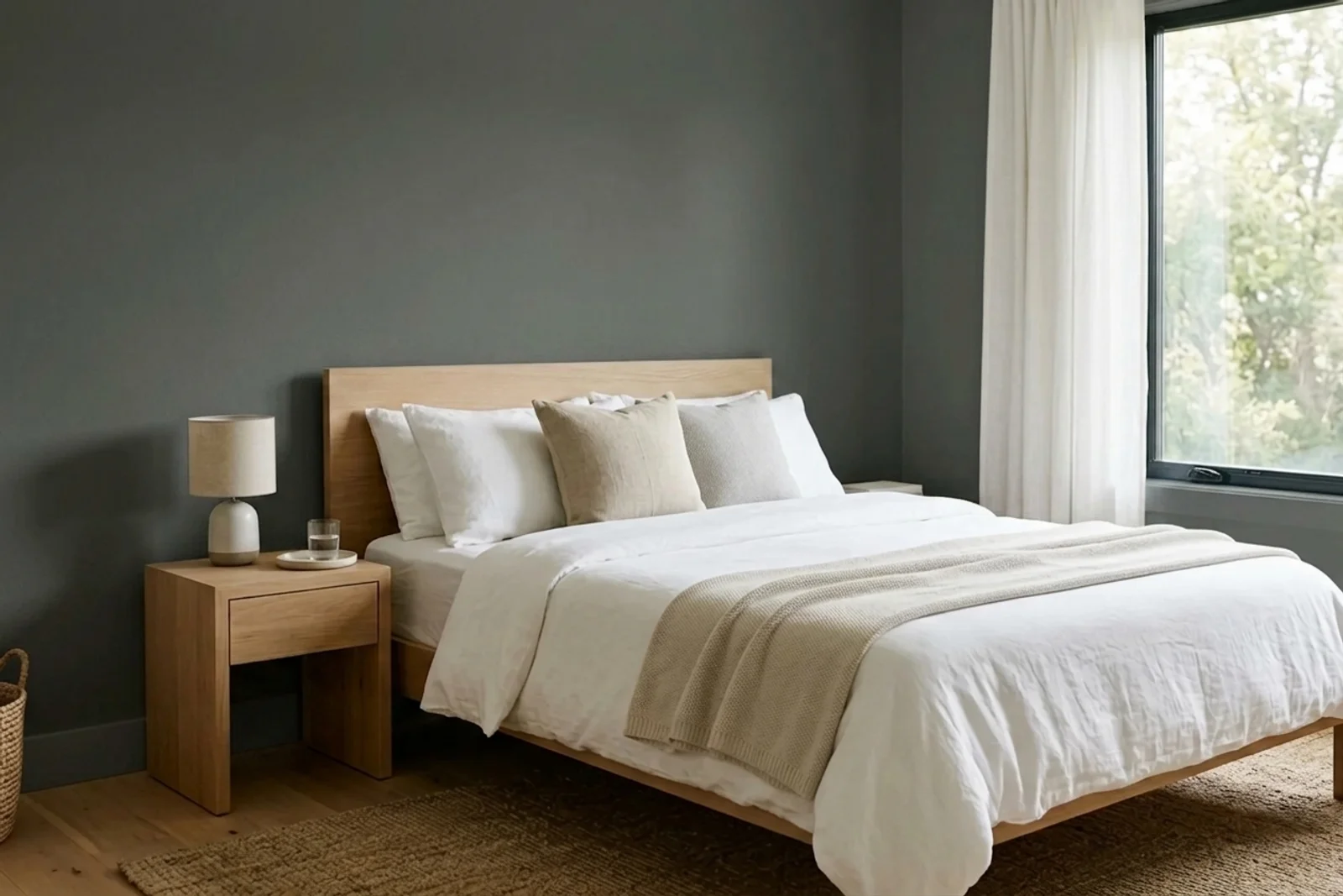 Asian Paints Antimony 8309 on the walls of a bedroom — AI-assisted visualization