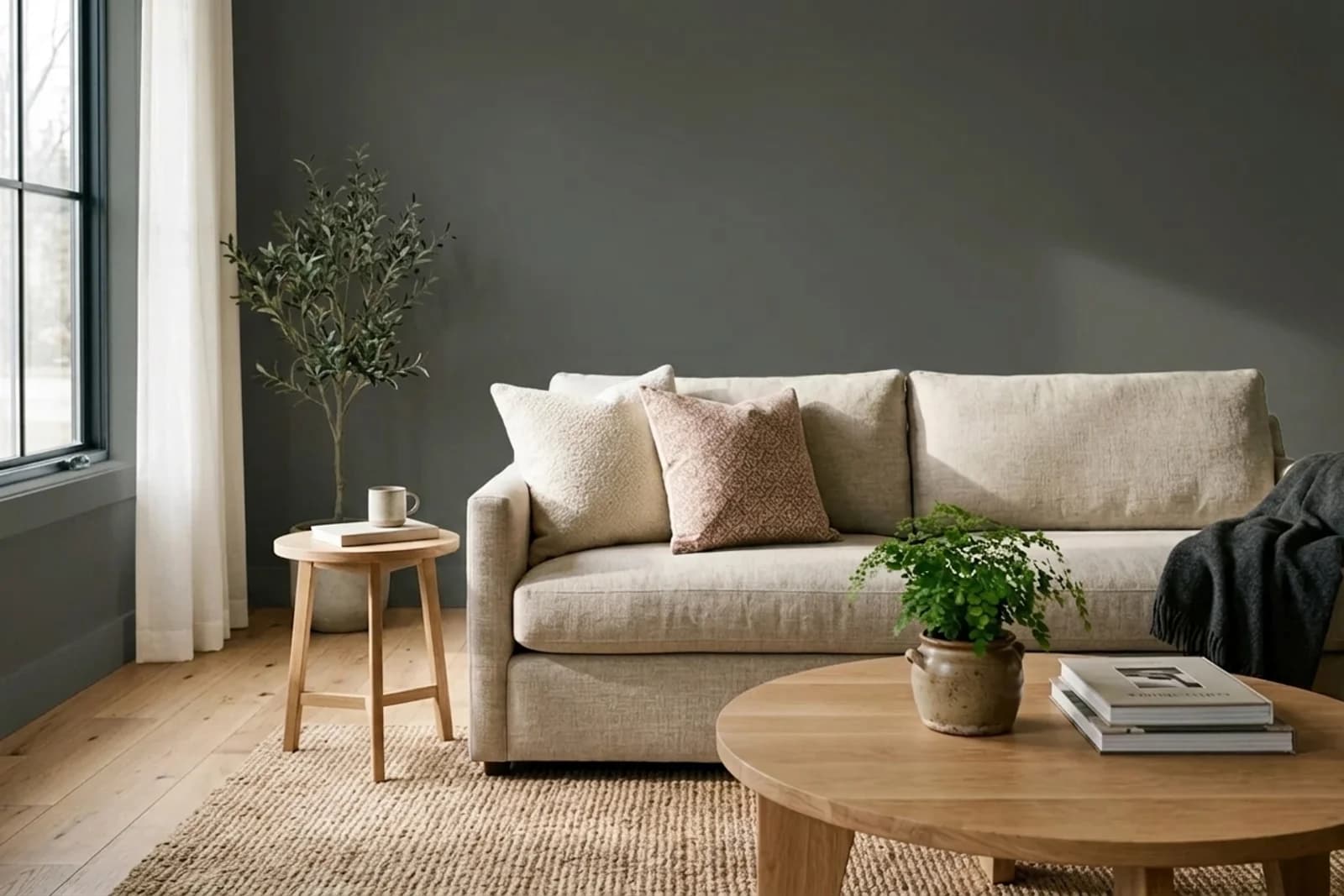 Asian Paints Antimony 8309 on the walls of a living room — AI-assisted visualization