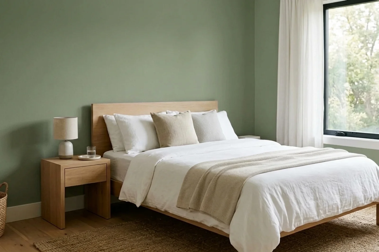 Asian Paints Woodlands 8408 on the walls of a bedroom — AI-assisted visualization