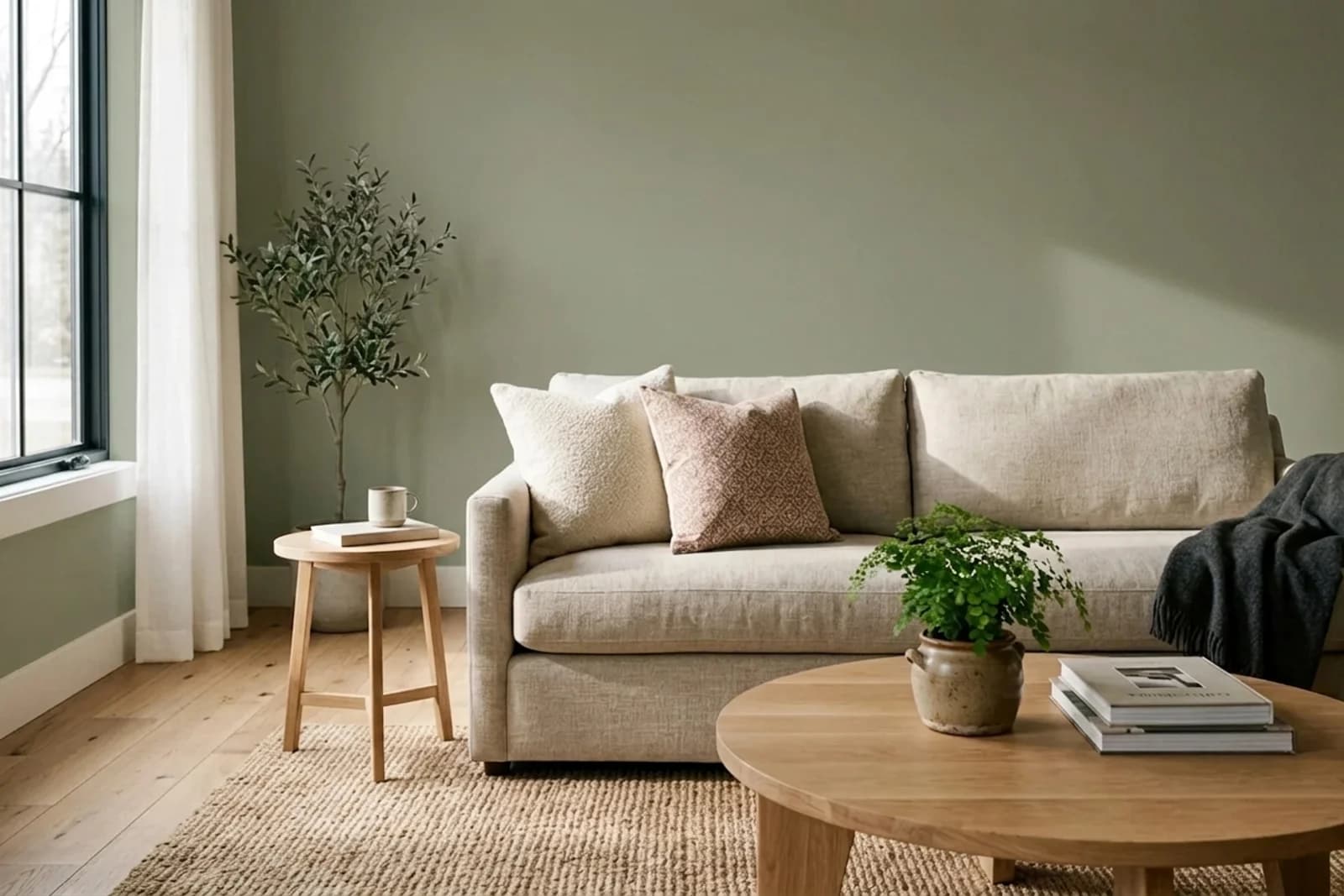 Asian Paints Woodlands 8408 on the walls of a living room — AI-assisted visualization